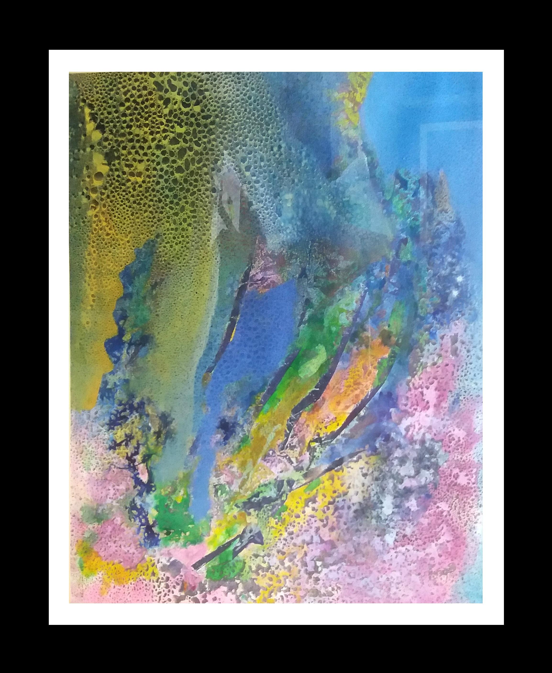  I. Cahue 5 Bleus et Roses gouttes abstraites, peinture sur papier acrylique originale