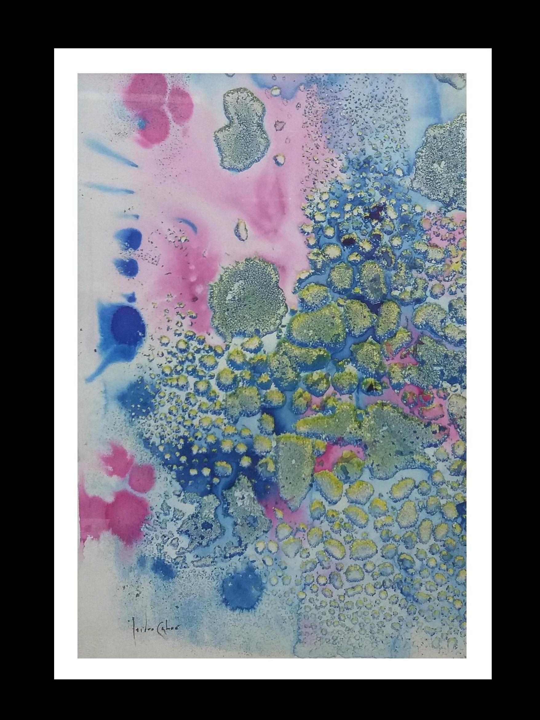 Isidro Cahue Abstract Painting -  I. Cahue  Blue and Pink Drops  Effect    original  acrylic paper painting