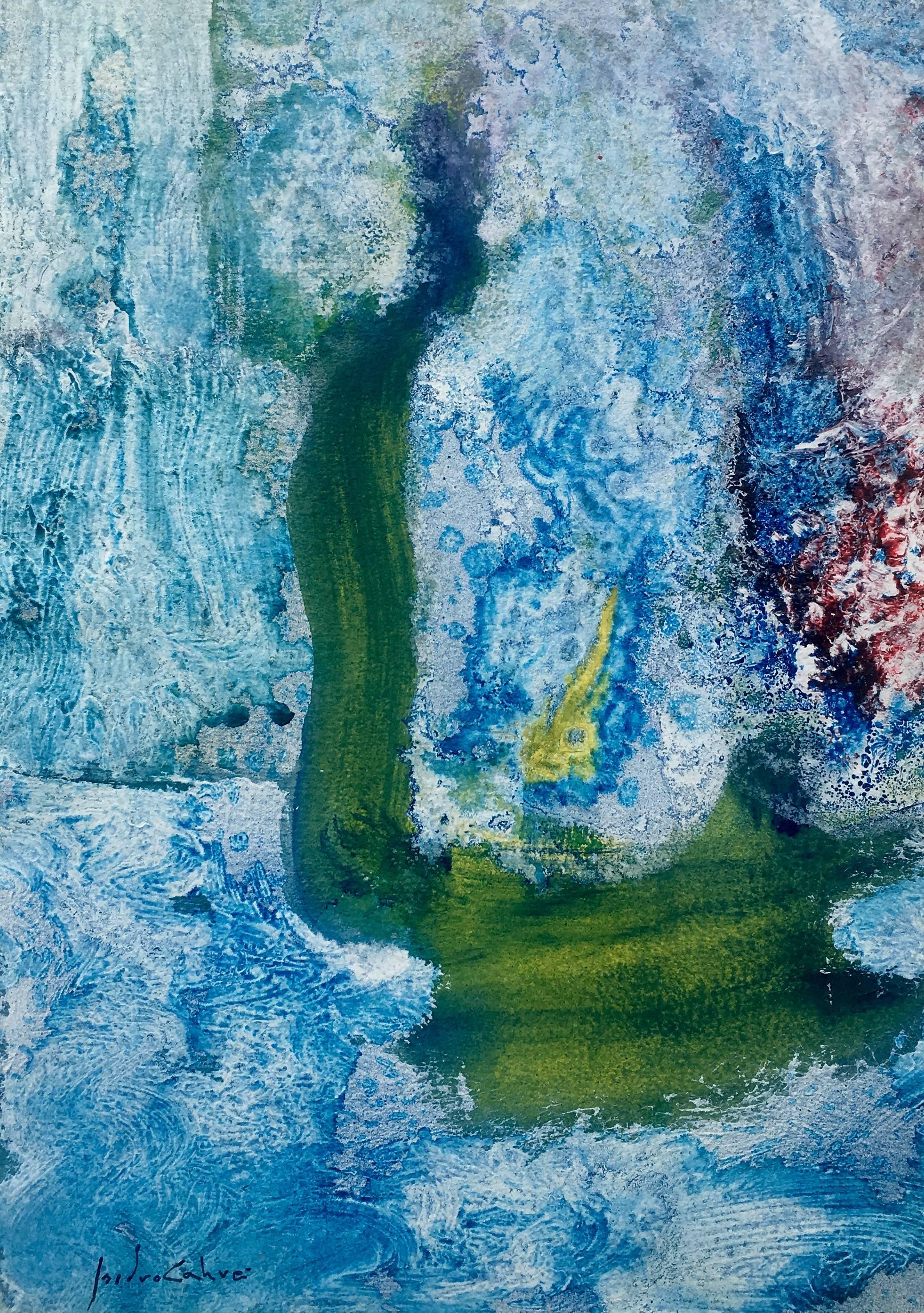 I. Cahue  Blue mountain colors- original abstract paper acrylic painting - Painting by Isidro Cahue