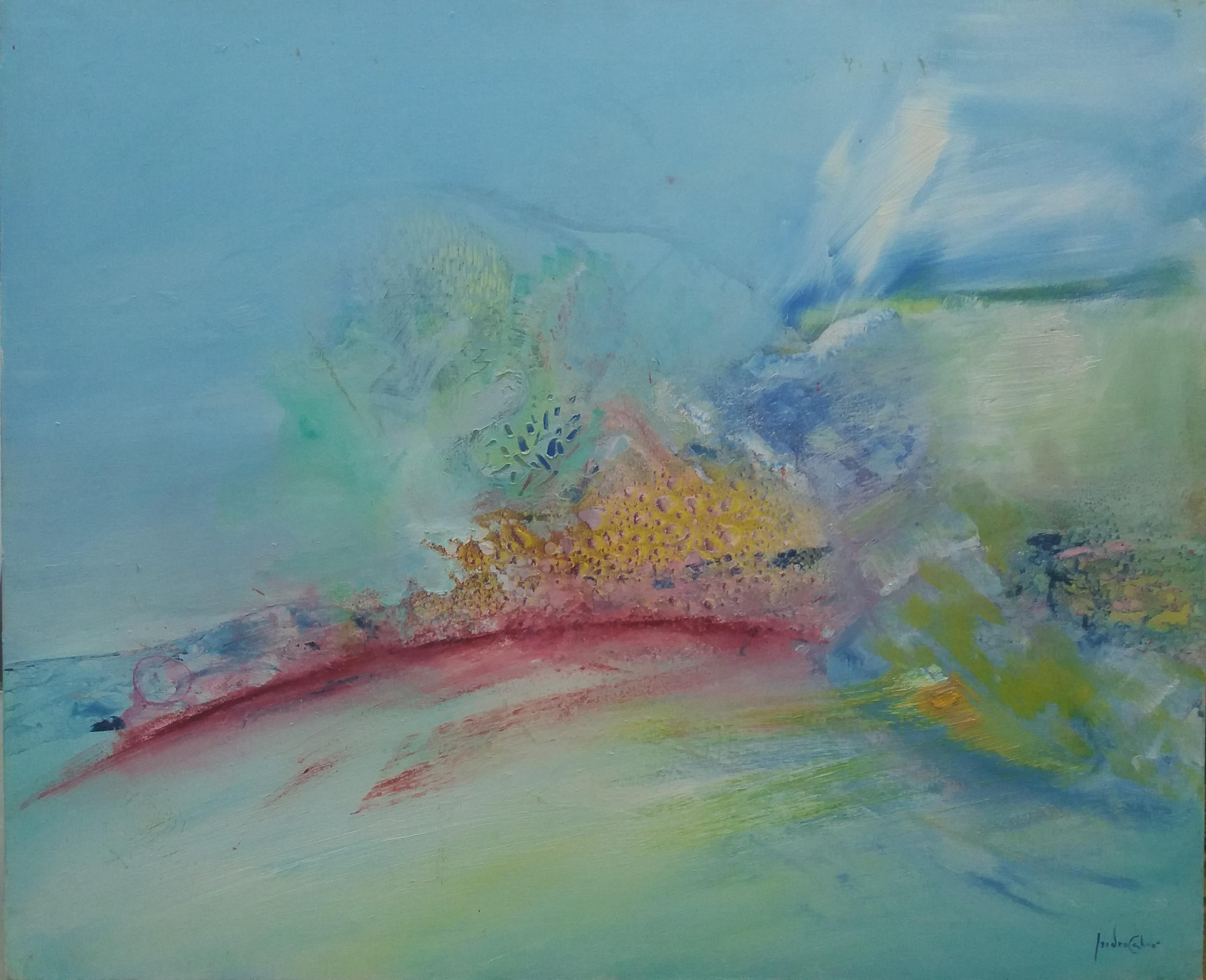 I. Cahue  Blu  Greene & Greene  Rossi   Tela acrilica originale astratta Sunrise - Painting di Isidro Cahue