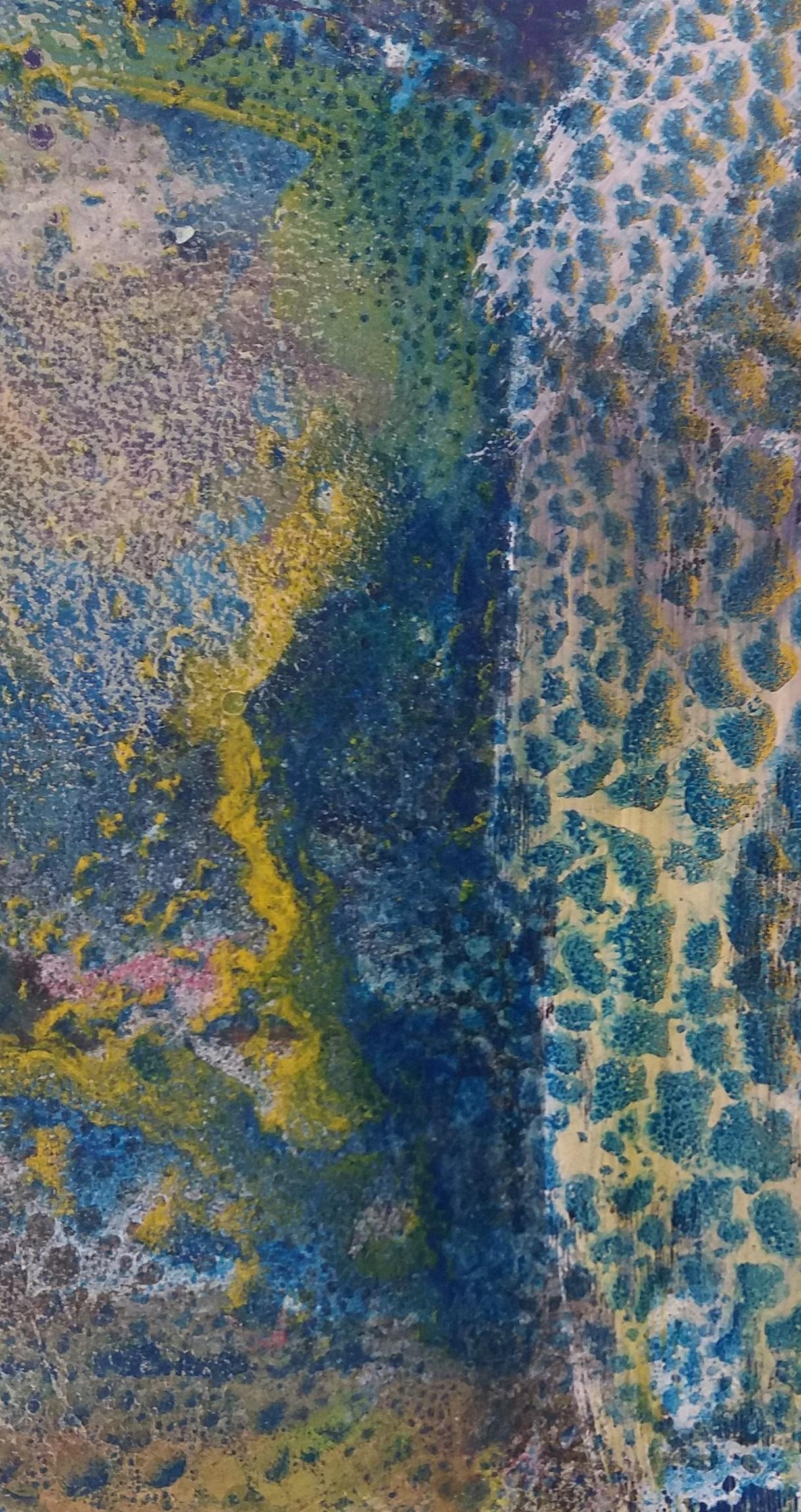 I. Cahue 9  Verticale  Effetto gocce blu    originale  pittura su carta acrilica - Painting Astratto di Isidro Cahue