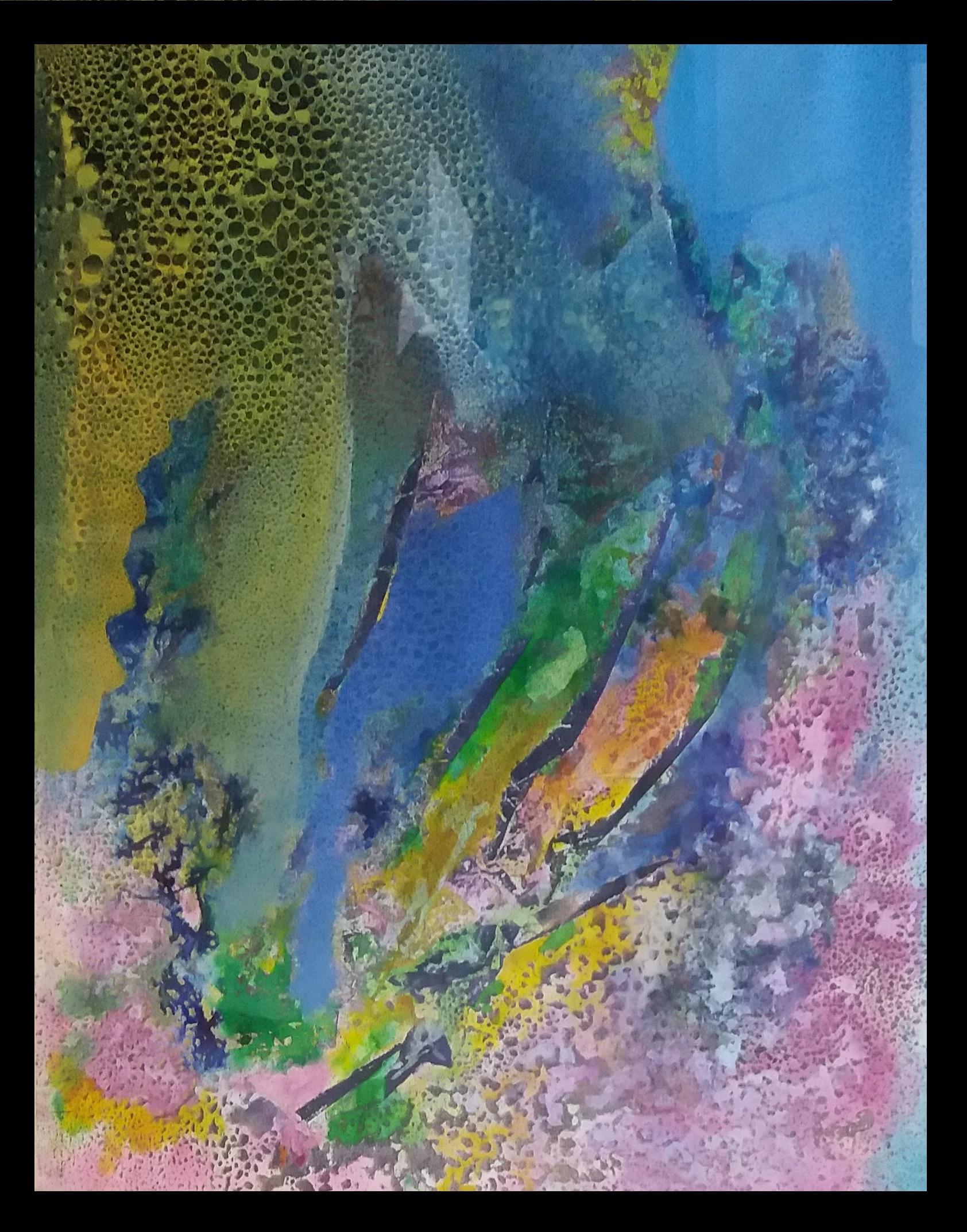 I. Cahue  Blue and Pink Drops abstract. original.acrylic paper painting - Abstract Painting by Isidro Cahue