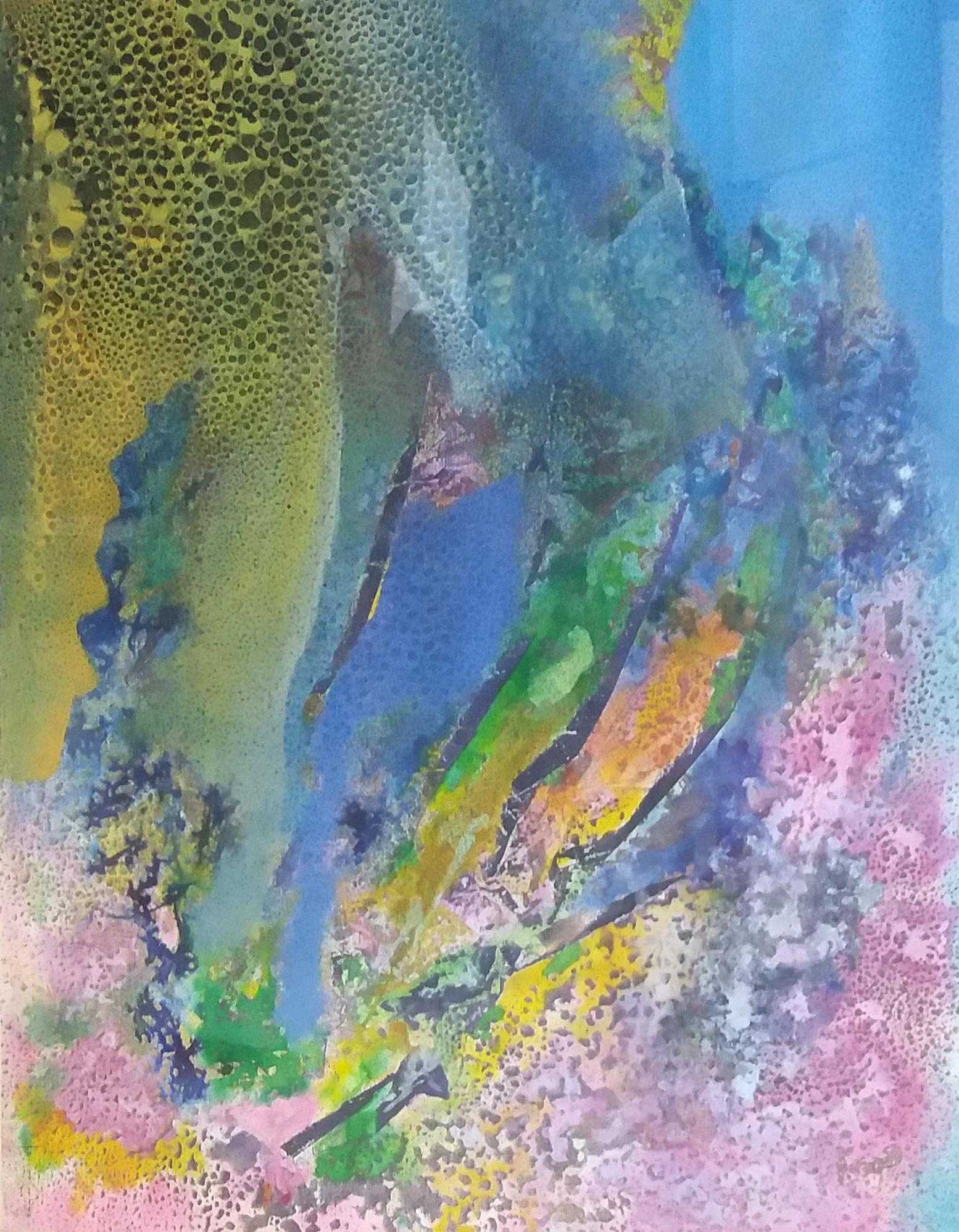 I. Cahue  Blue and Pink Drops abstract. original.acrylic paper painting - Black Abstract Painting by Isidro Cahue