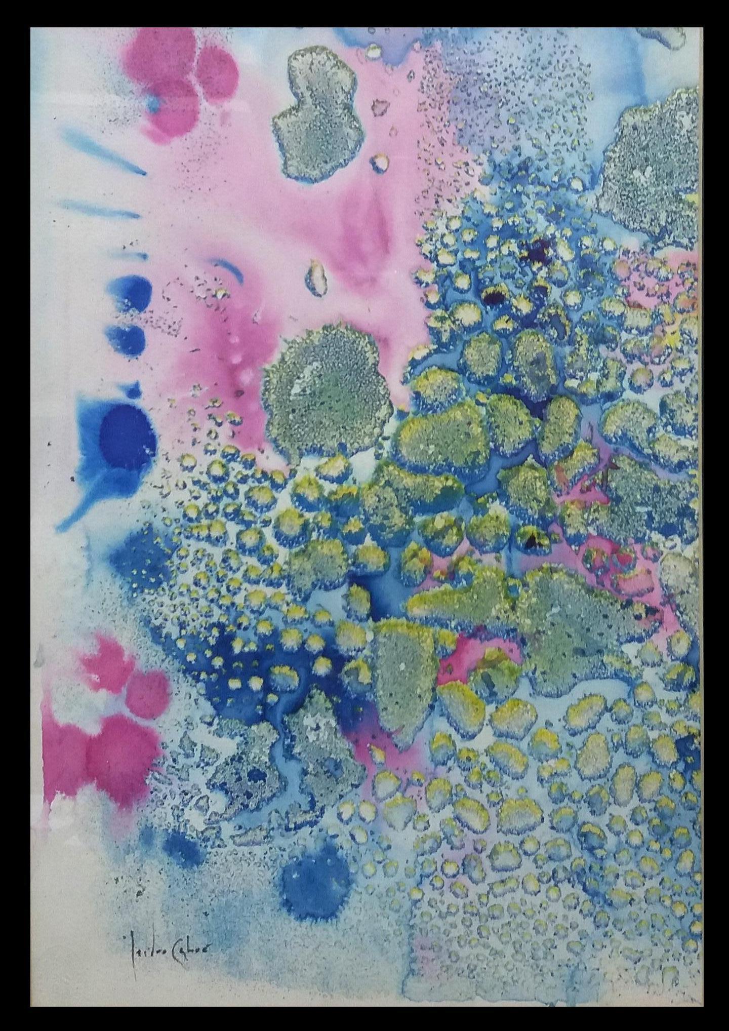 I. Cahue  Gocce blu e rosa  Effetto    originale  pittura su carta acrilica - Painting di Isidro Cahue