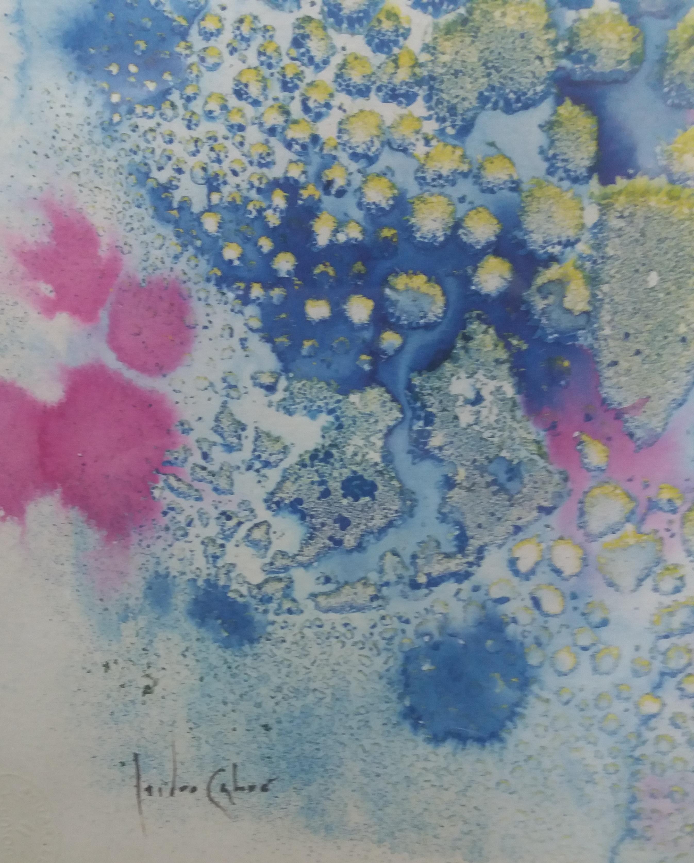 I. Cahue  Gocce blu e rosa  Effetto    originale  pittura su carta acrilica - Abstract Painting Grigio di Isidro Cahue