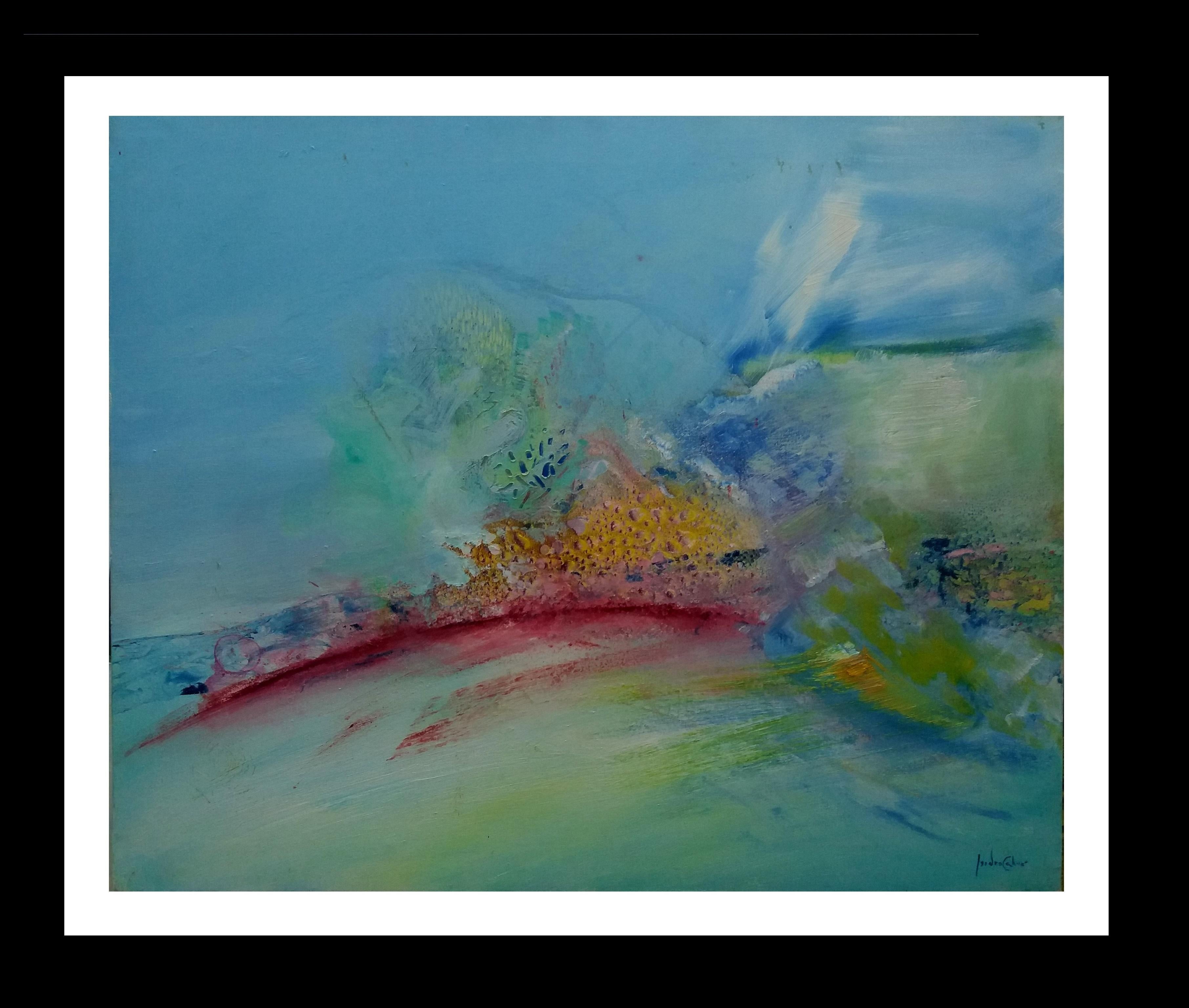 Isidro Cahue Abstract Painting -  I. Cahue  Blue  Green  Reds   Sunrise original abstract acrylic canvas