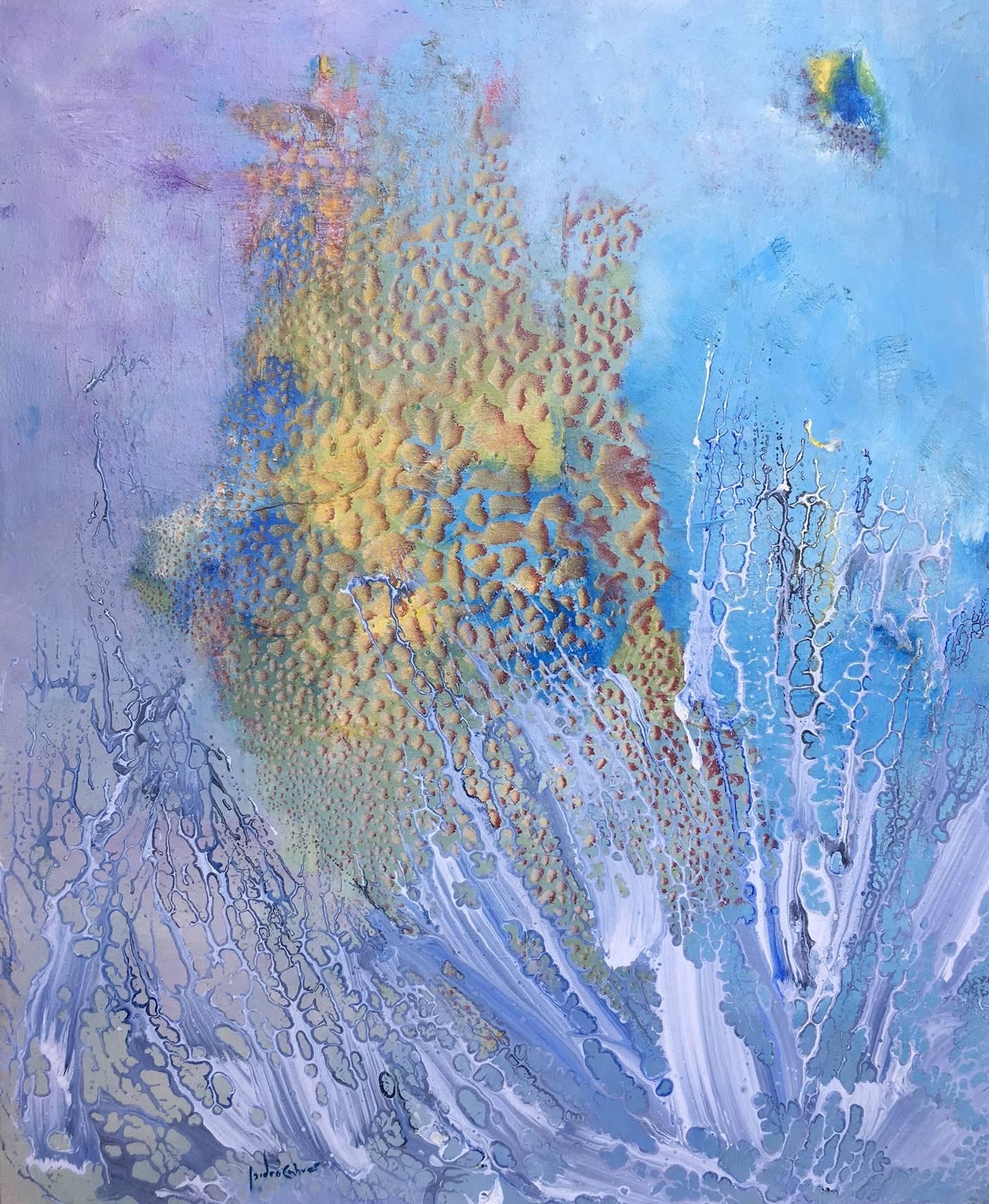 I. Cahue Bleu  Fond de la mer   Peinture et pierre - abstrait original  - Painting de Isidro Cahue