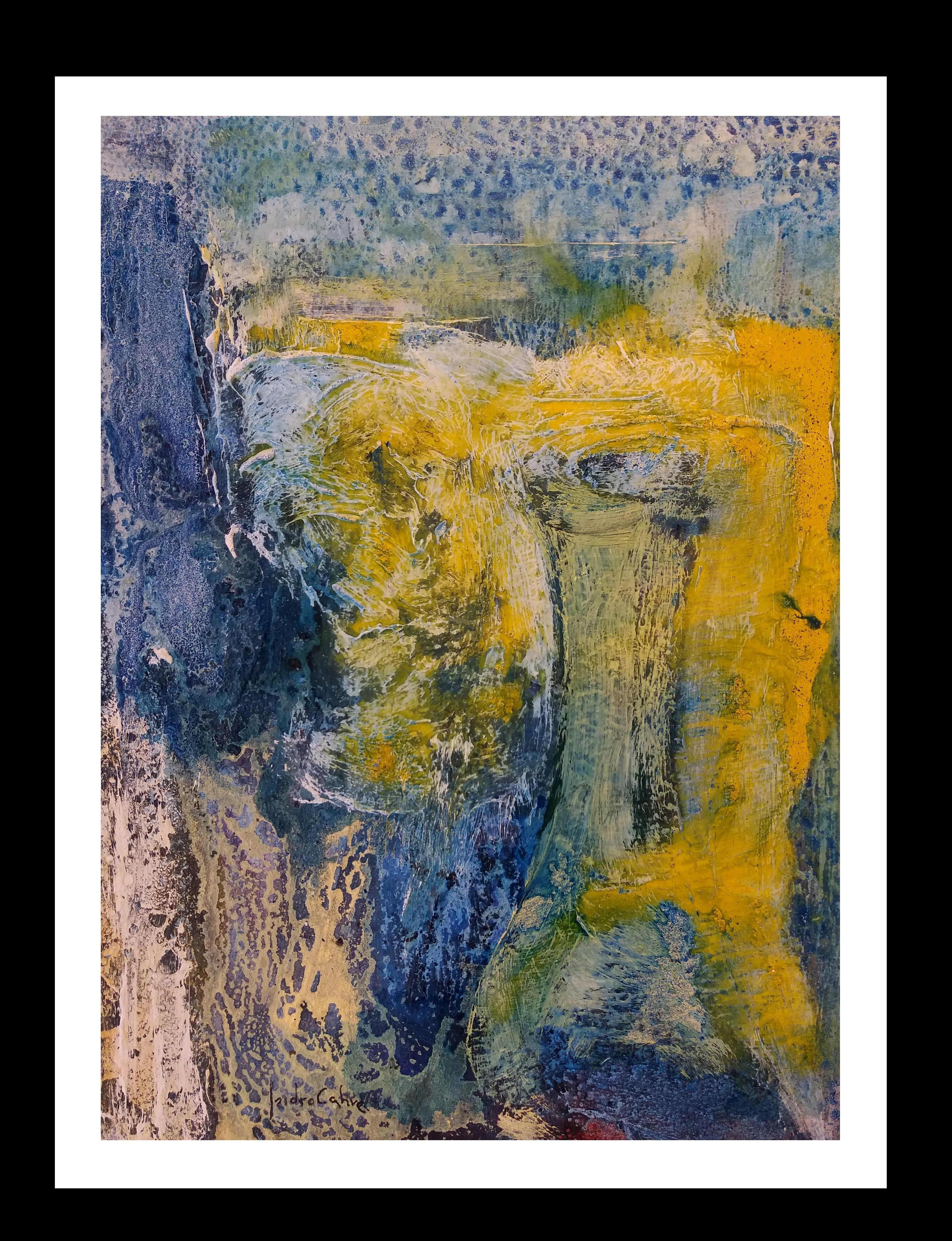 Isidro Cahue Abstract Painting – I. Cahue  Blau  Senkrecht   Gebirgsfarben – original abstraktes Papier- Acryl