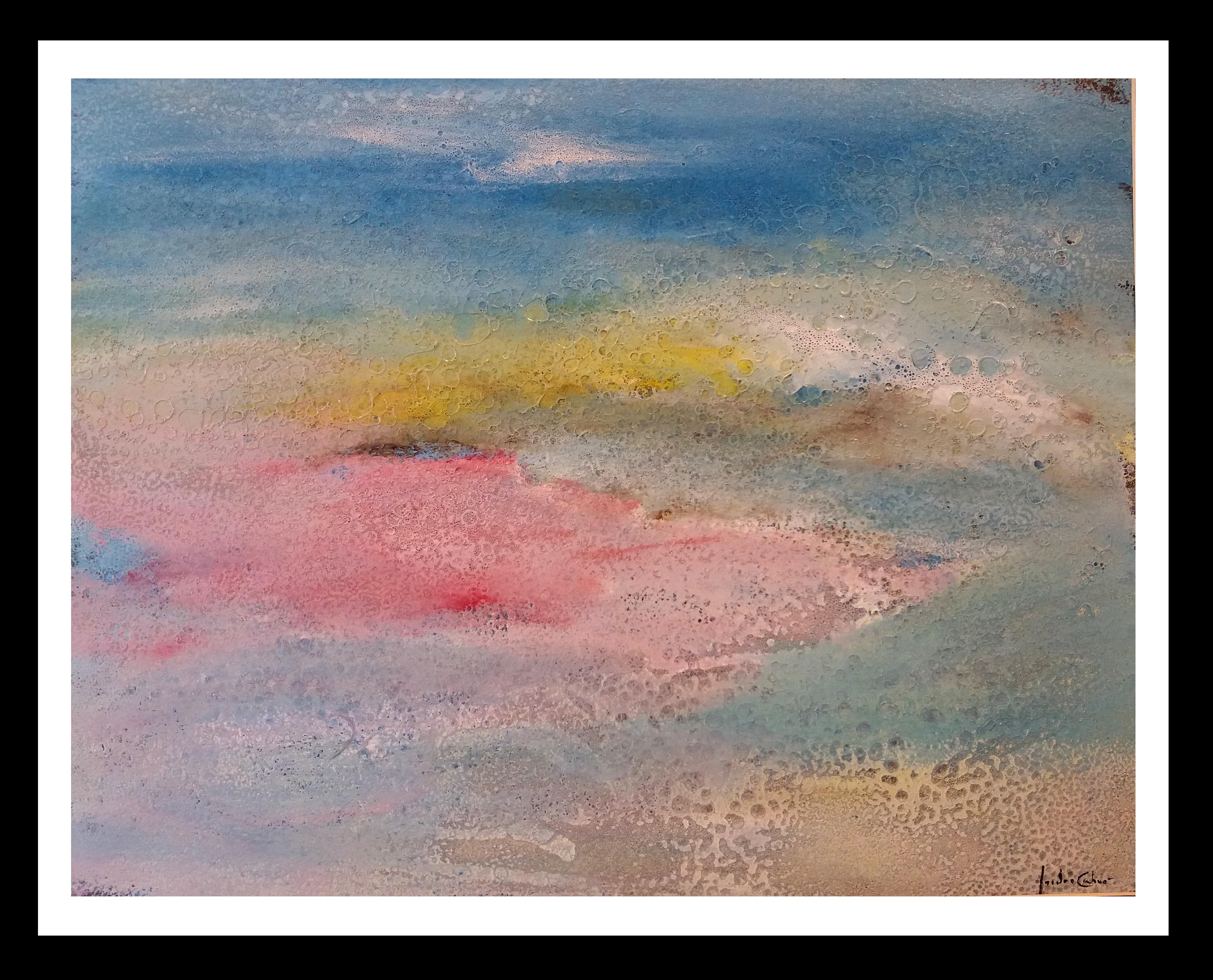 I. Cahue.  Colors. landscape original abstract acrylic paper painting - Painting by Isidro Cahue
