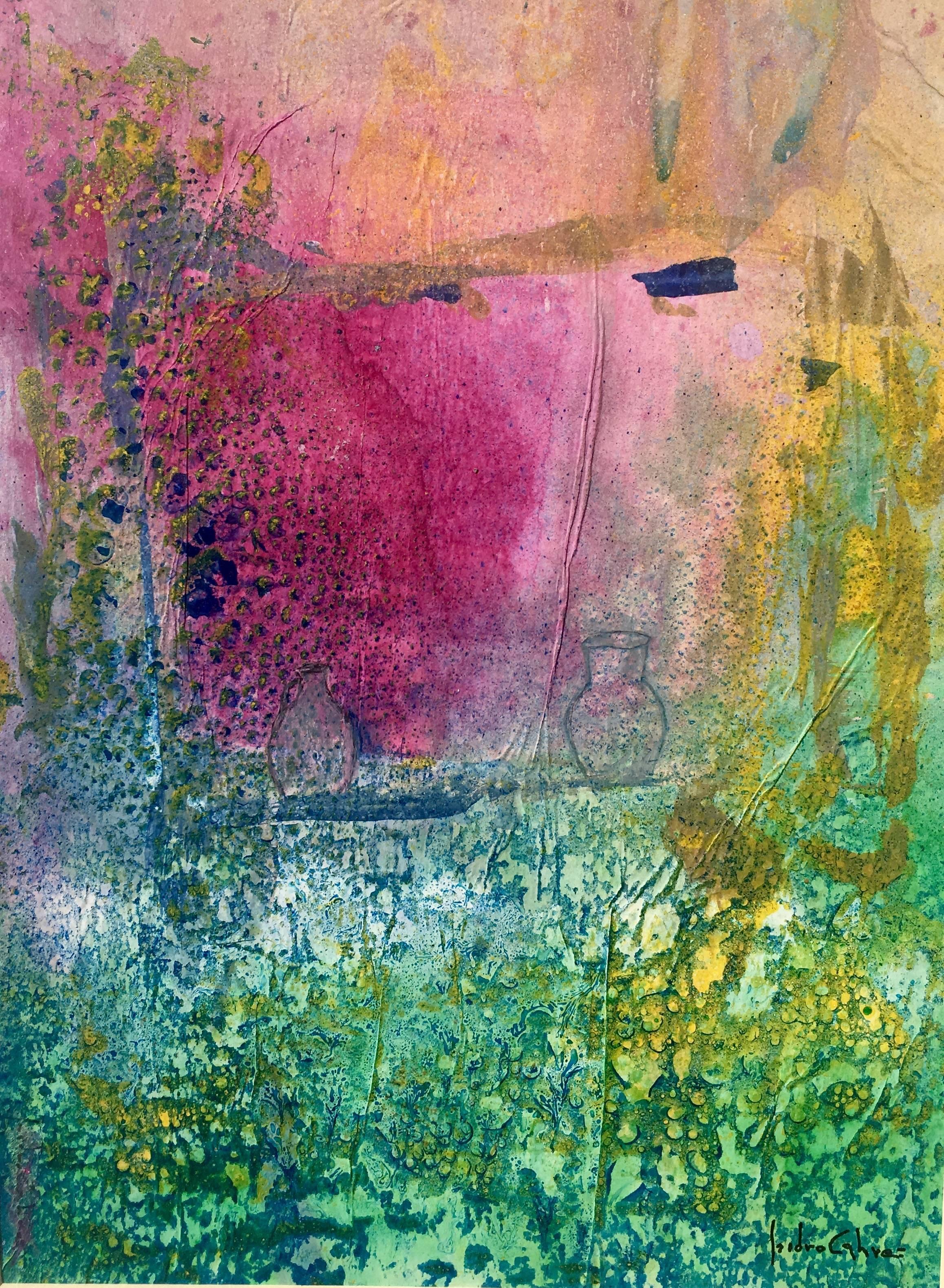 I, I+I  -Verts et roses - peinture acrylique abstraite originale sur papier - Abstrait Painting par Isidro Cahue