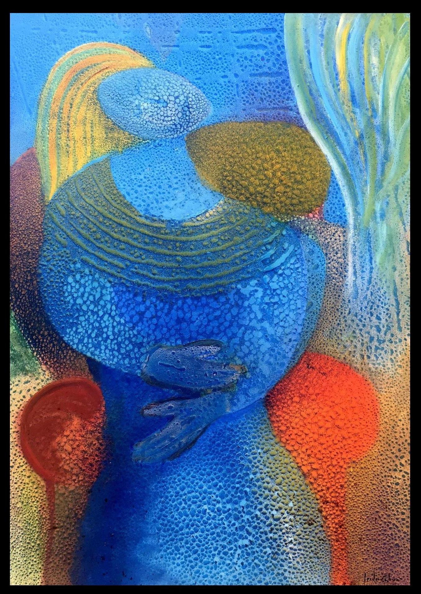 Figurative Painting Isidro Cahue - I. Cahue Maternité en bleu rouge peinture acrylique abstraite originale sur toile