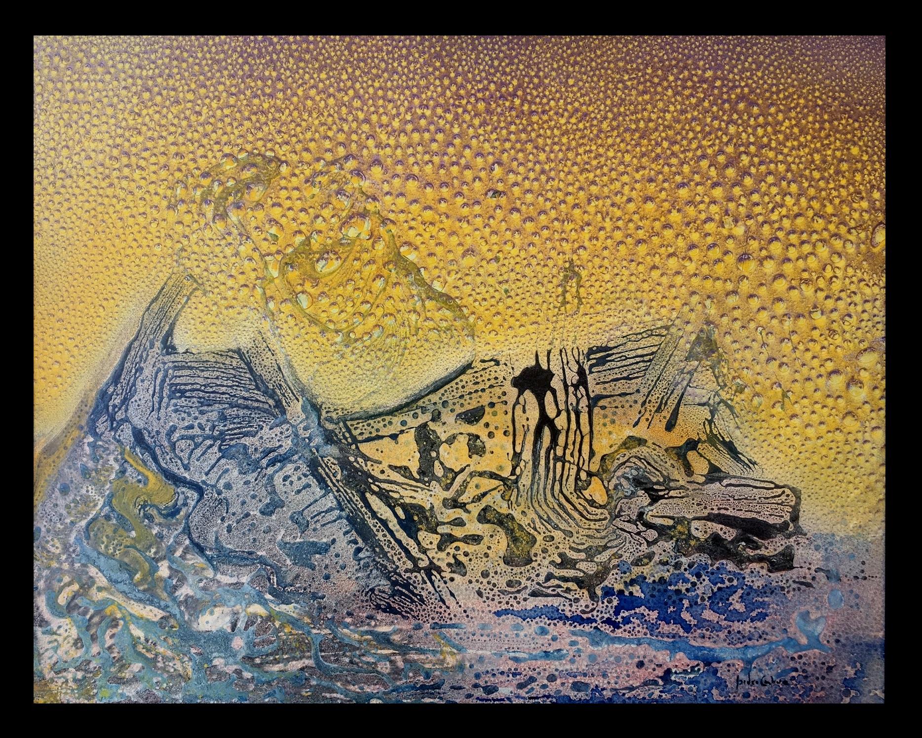 I. Cahue.  Tempesta in mare  Tela acrilica originale astratta Golden Yellow - Painting di Isidro Cahue