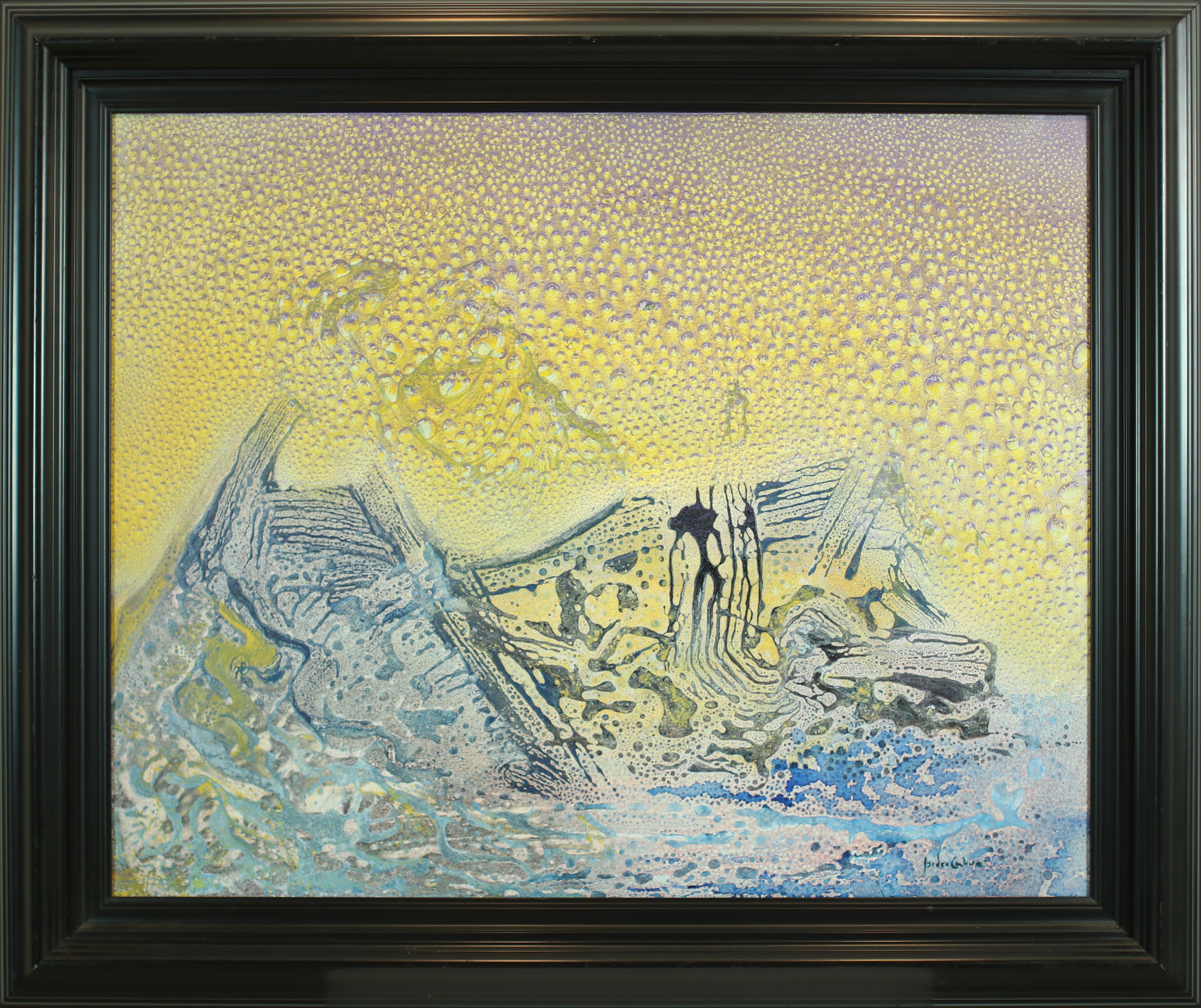 Abstract Painting de Isidro Cahue - I. Cahue.  Tormenta en el mar  Amarillo dorado lienzo acrílico abstracto original