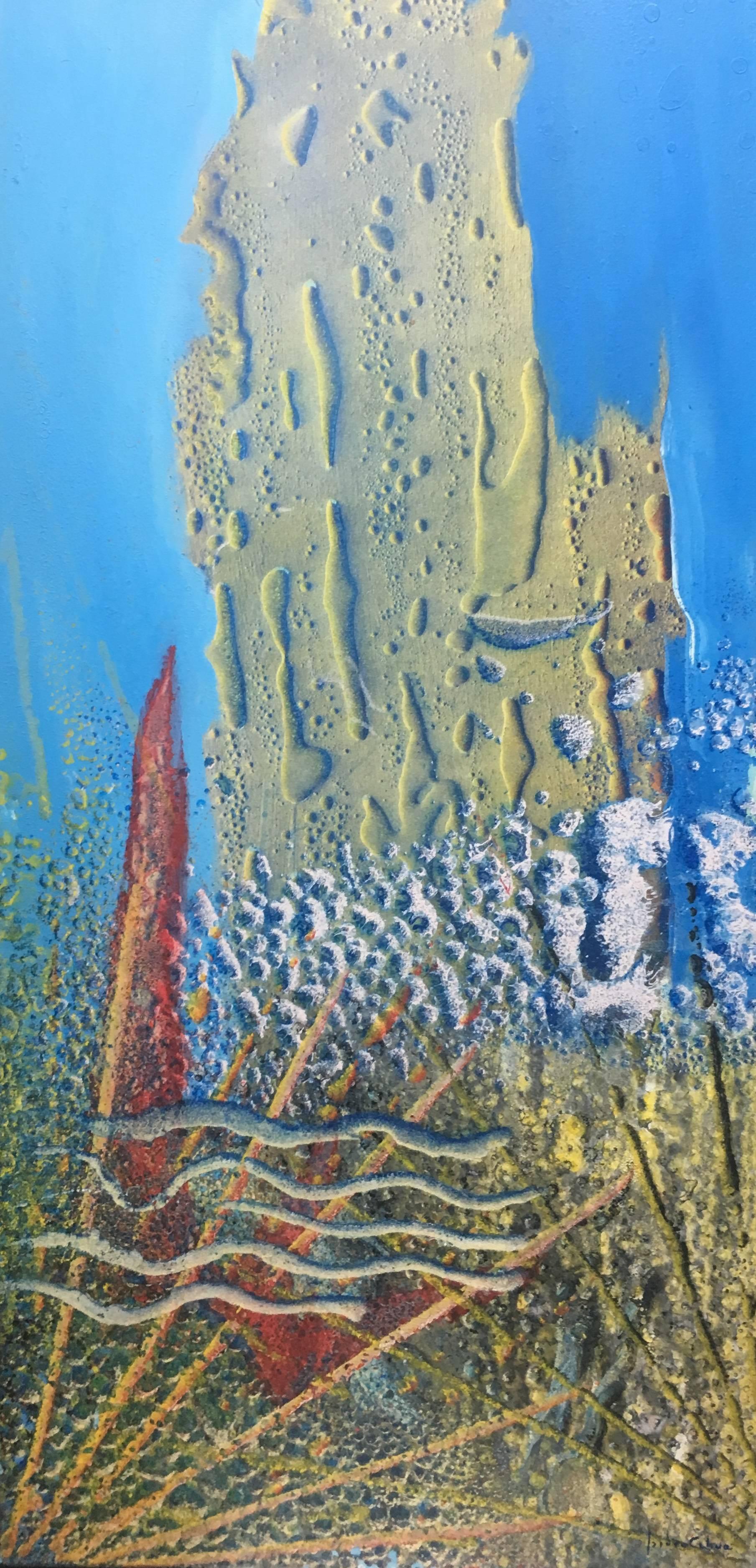 I. Cahue  Vertical  Bottom of the Sea  original abstract acrylic canvas - Painting by Isidro Cahue
