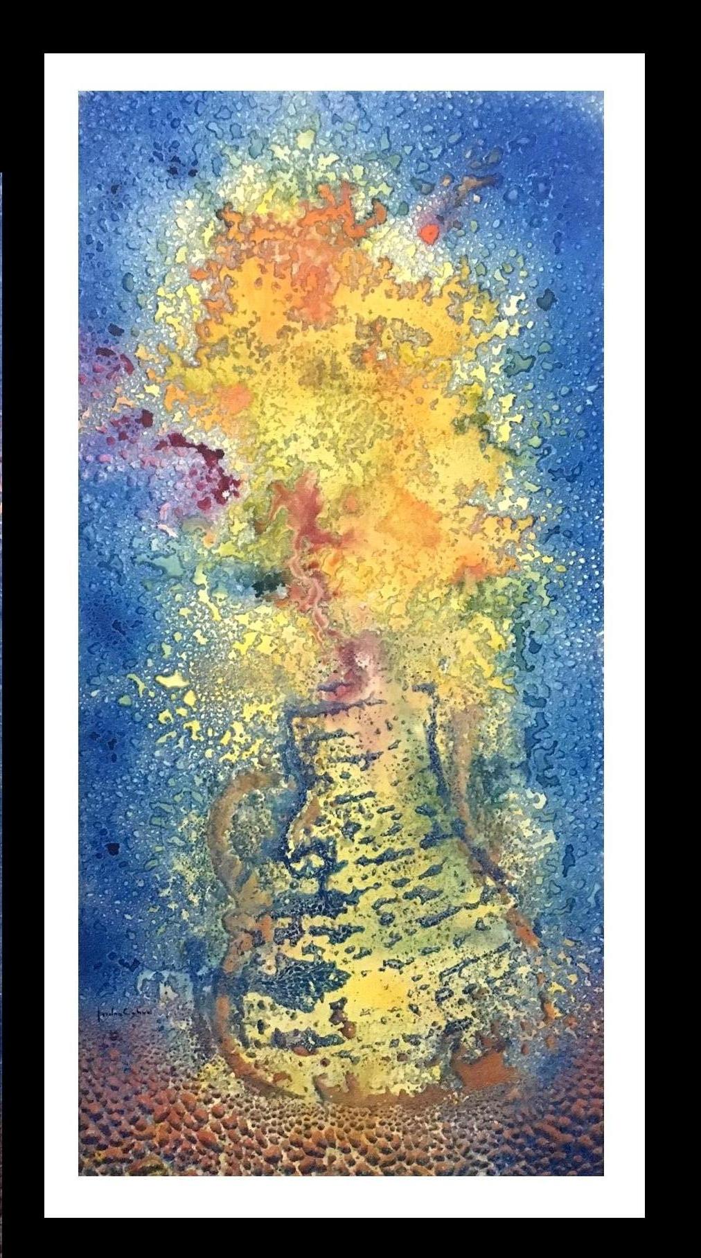 Isidro Cahue Abstract Painting - I. Cahue   Yellow and BlueBGuitar  Fire  original abstract acrylic canvas 