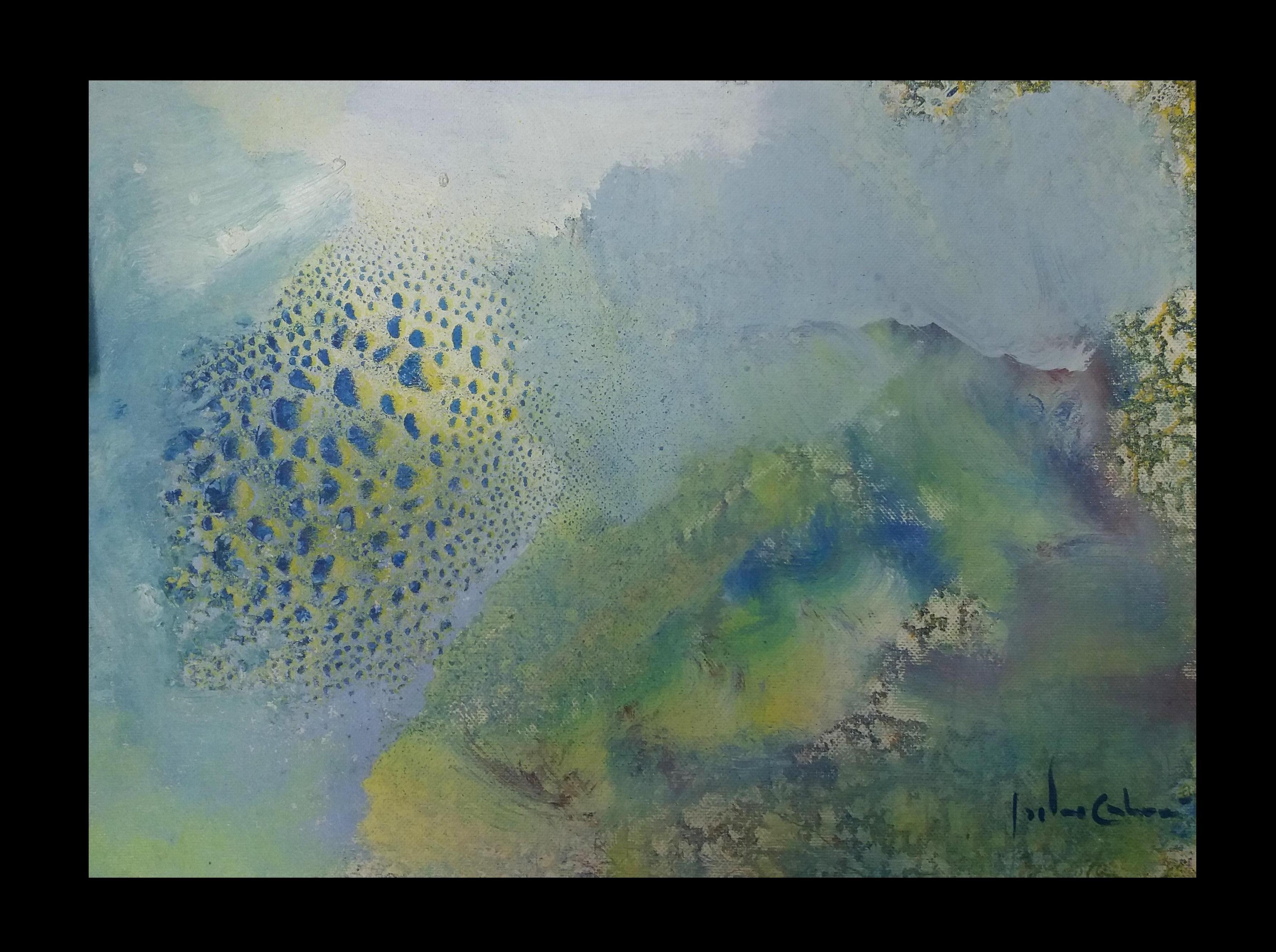 Isidro Cahue azul  gotas   efecto    pintura abstracta original en papel acrílico en venta 1