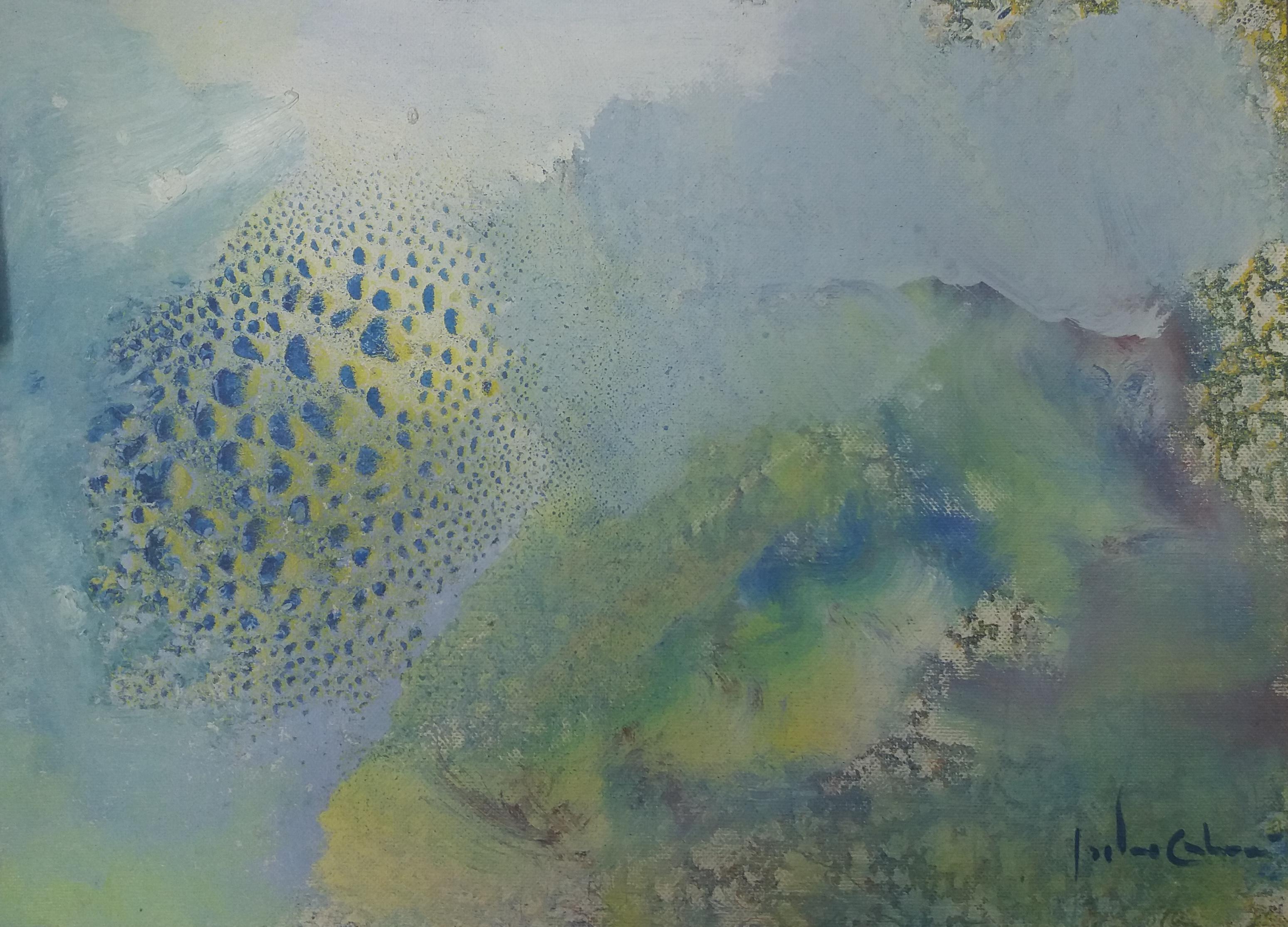 Isidro Cahue azul  gotas   efecto    pintura abstracta original en papel acrílico en venta 2