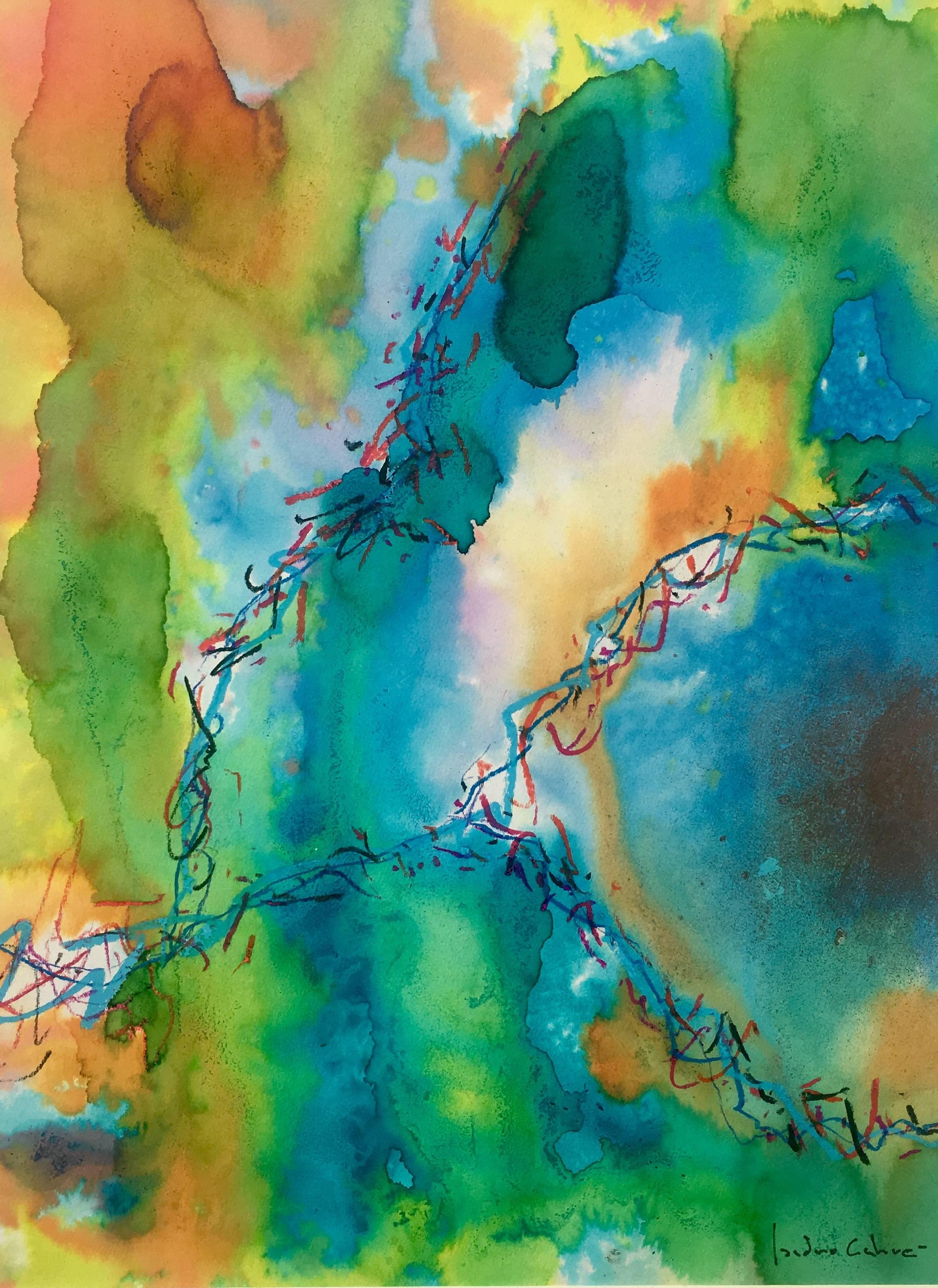 Isidro Cahue  Grüne und Rosen  original abstrakte Papier-Acrylmalerei im Angebot 1