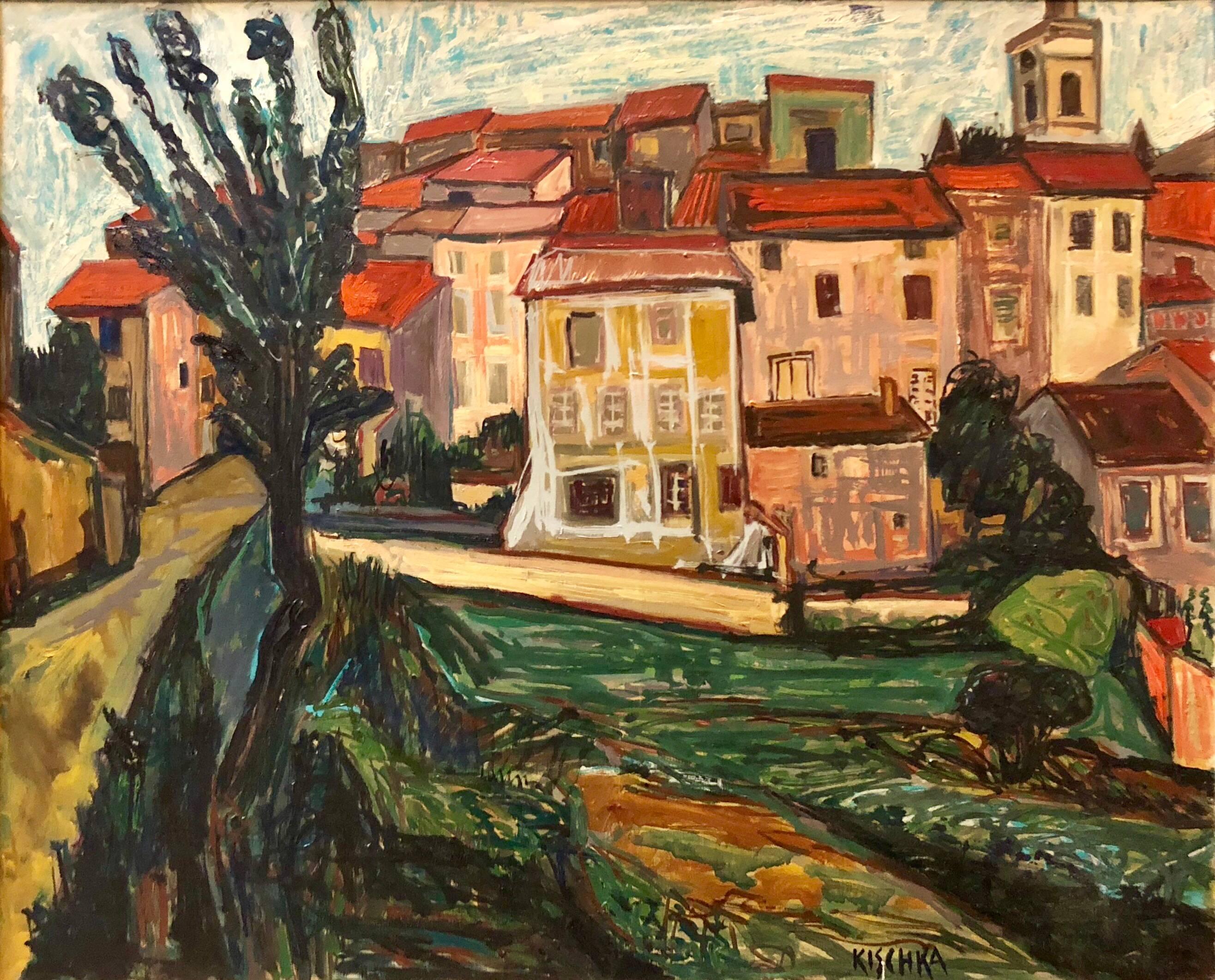 Isis Kischka Figurative Painting - French Modernist LANDSCAPE WITH HOUSES School of Paris Oil Painting