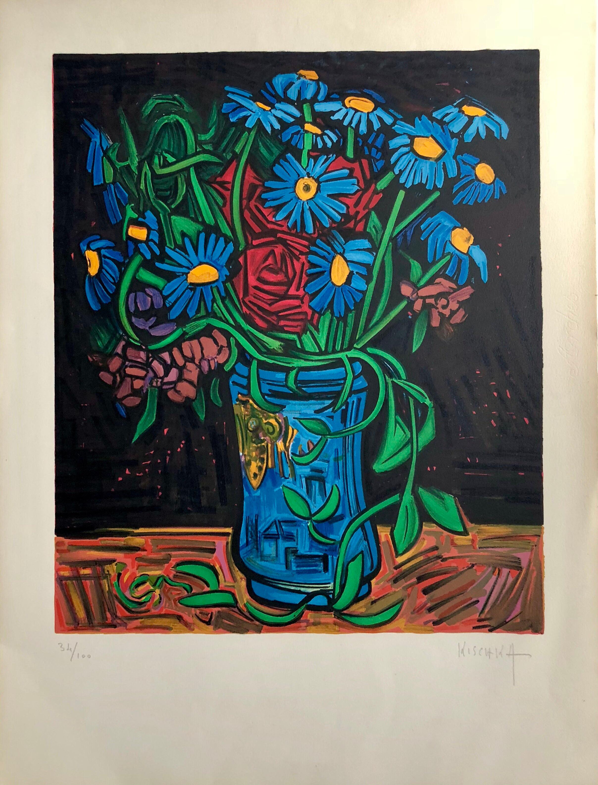 French Modernist Expressionist Bold Floral School of Paris FLOWERS Lithograph - Print by Isis Kischka