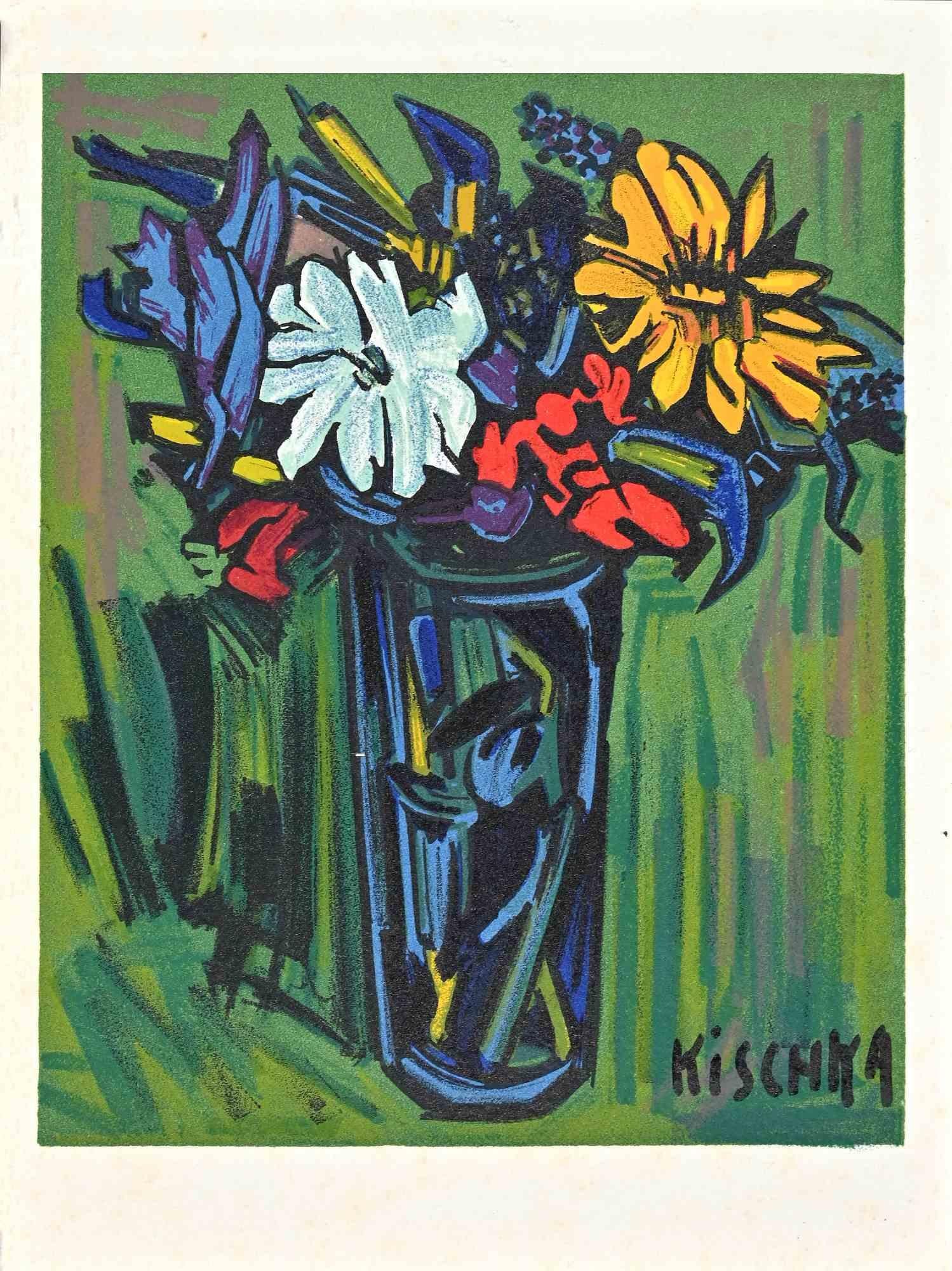 Nature morte avec fleurs - Lithographie originale d'Isis Kischka - XXe siècle