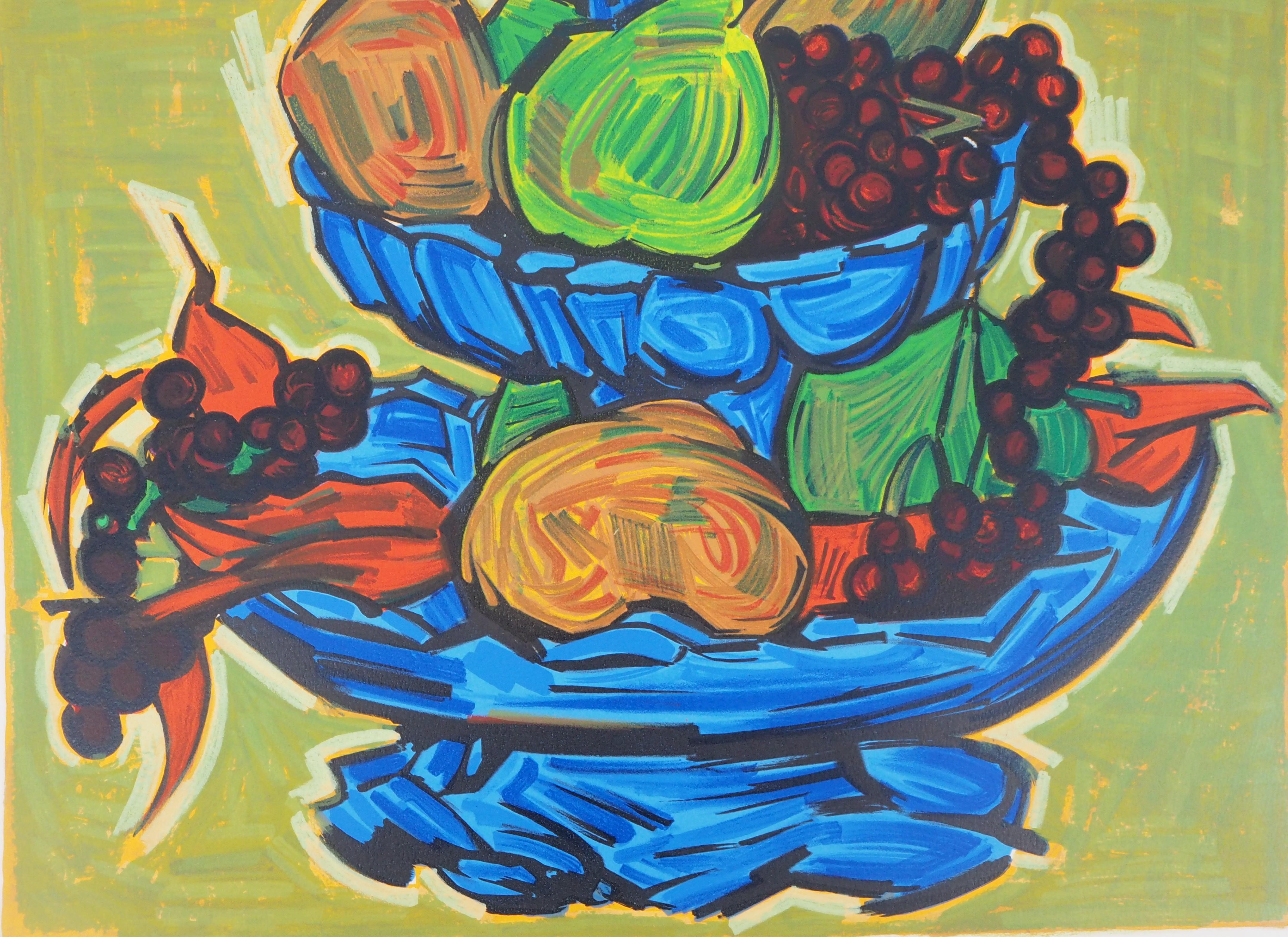 Still Life with Fruits - Original Lithograph Handsigned and Numbered (Mourlot) - Brown Still-Life Print by Isis Kischka
