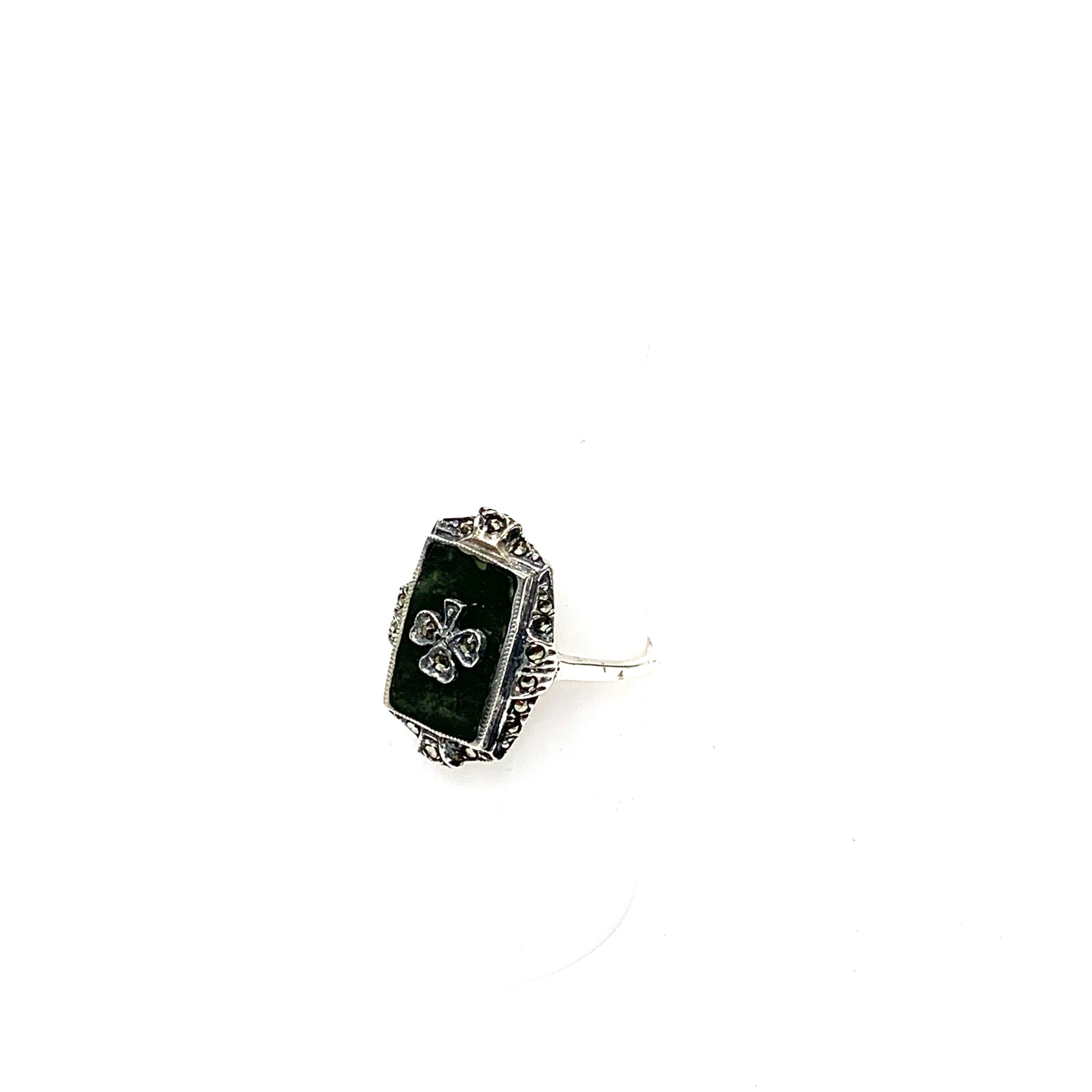 Mixed Cut Navajo Sterling Silver Onyx, Marcacites Ring 5 Gr Estate CCRS16