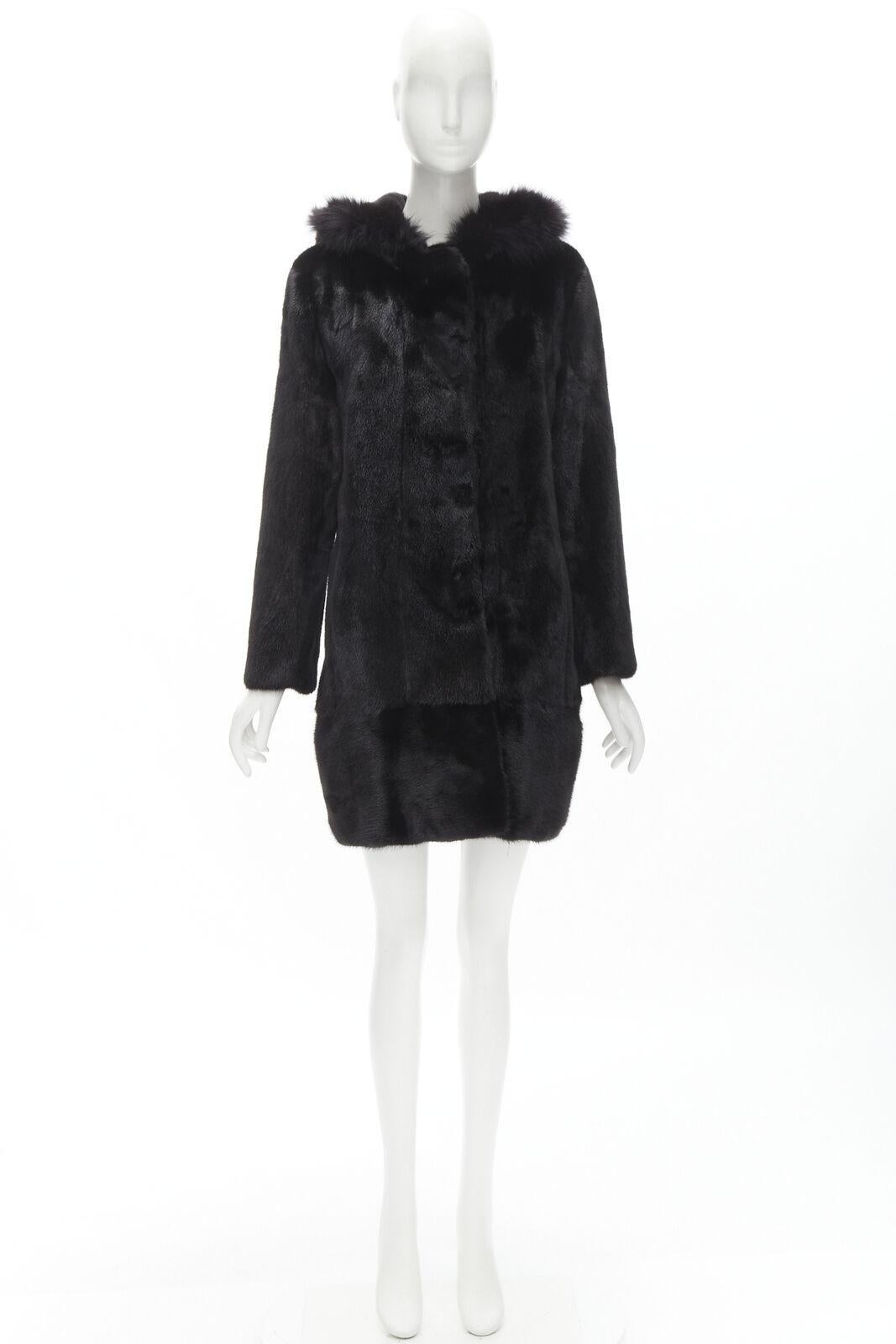 ISLA black fur long sleeve snap button hooded jacket IT42 For Sale 6