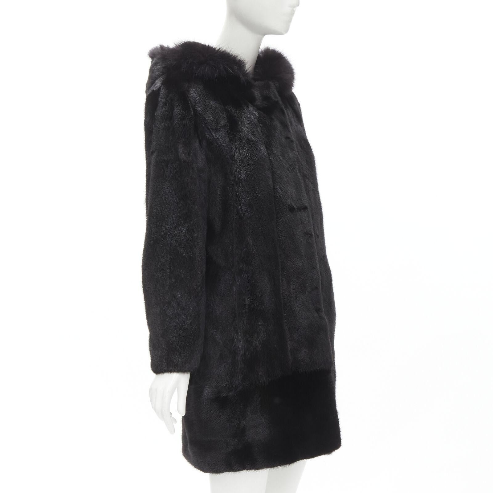 Women's ISLA black fur long sleeve snap button hooded jacket IT42 For Sale