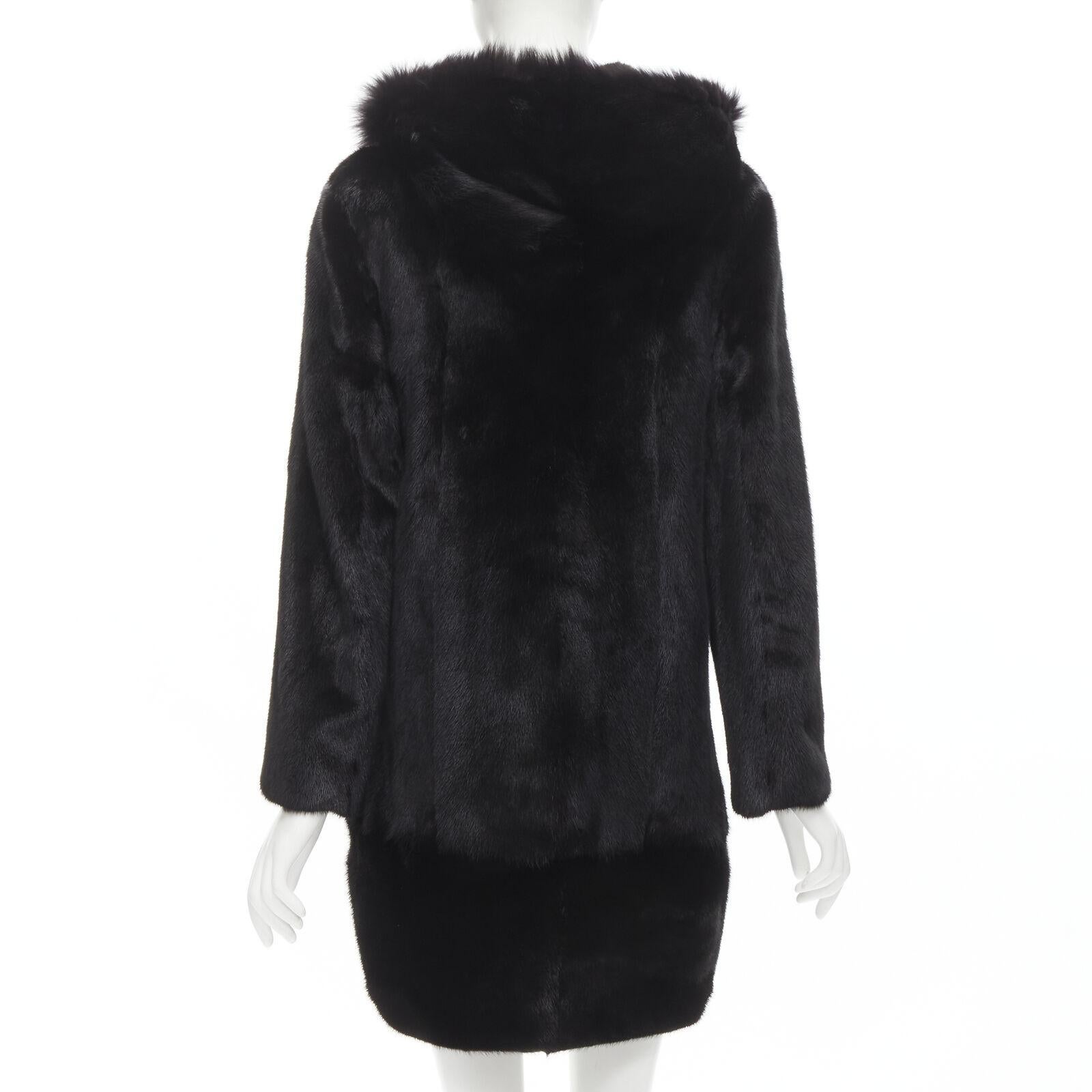 ISLA black fur long sleeve snap button hooded jacket IT42 For Sale 1