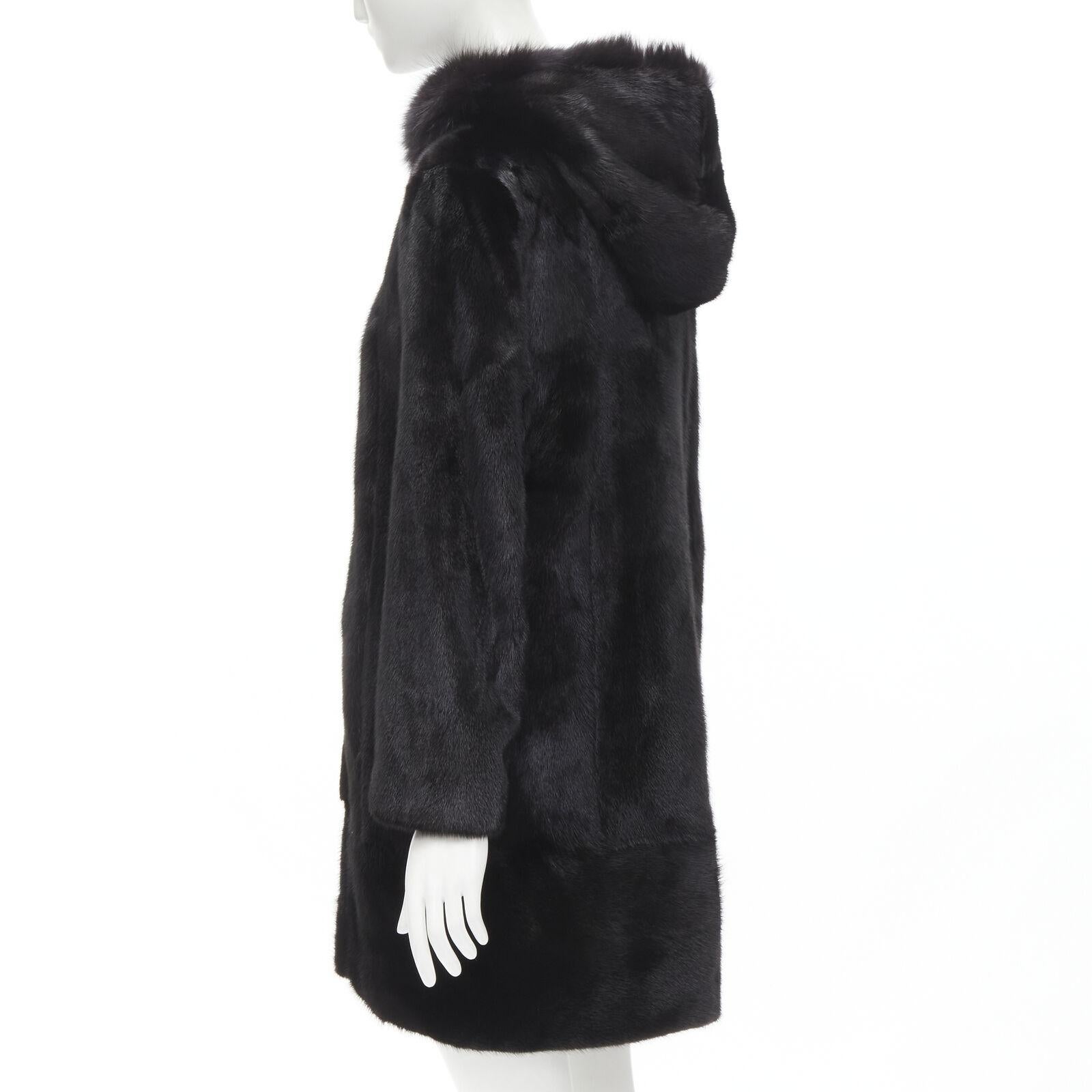 ISLA black fur long sleeve snap button hooded jacket IT42 For Sale 2