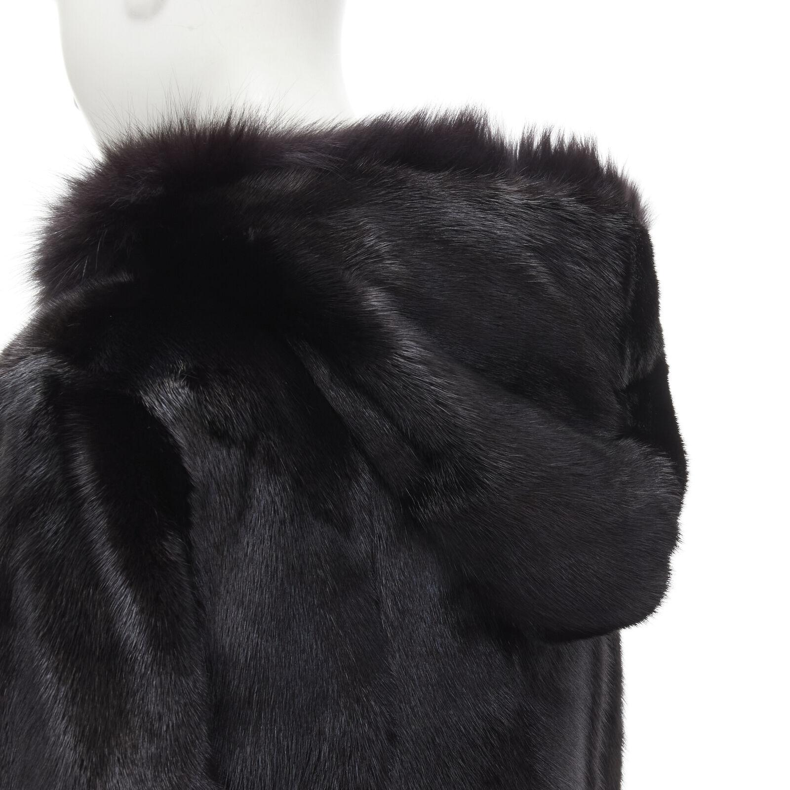 ISLA black fur long sleeve snap button hooded jacket IT42 For Sale 4