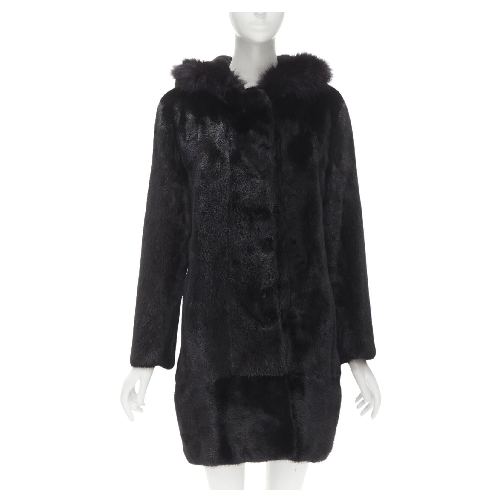 ISLA black fur long sleeve snap button hooded jacket IT42 For Sale