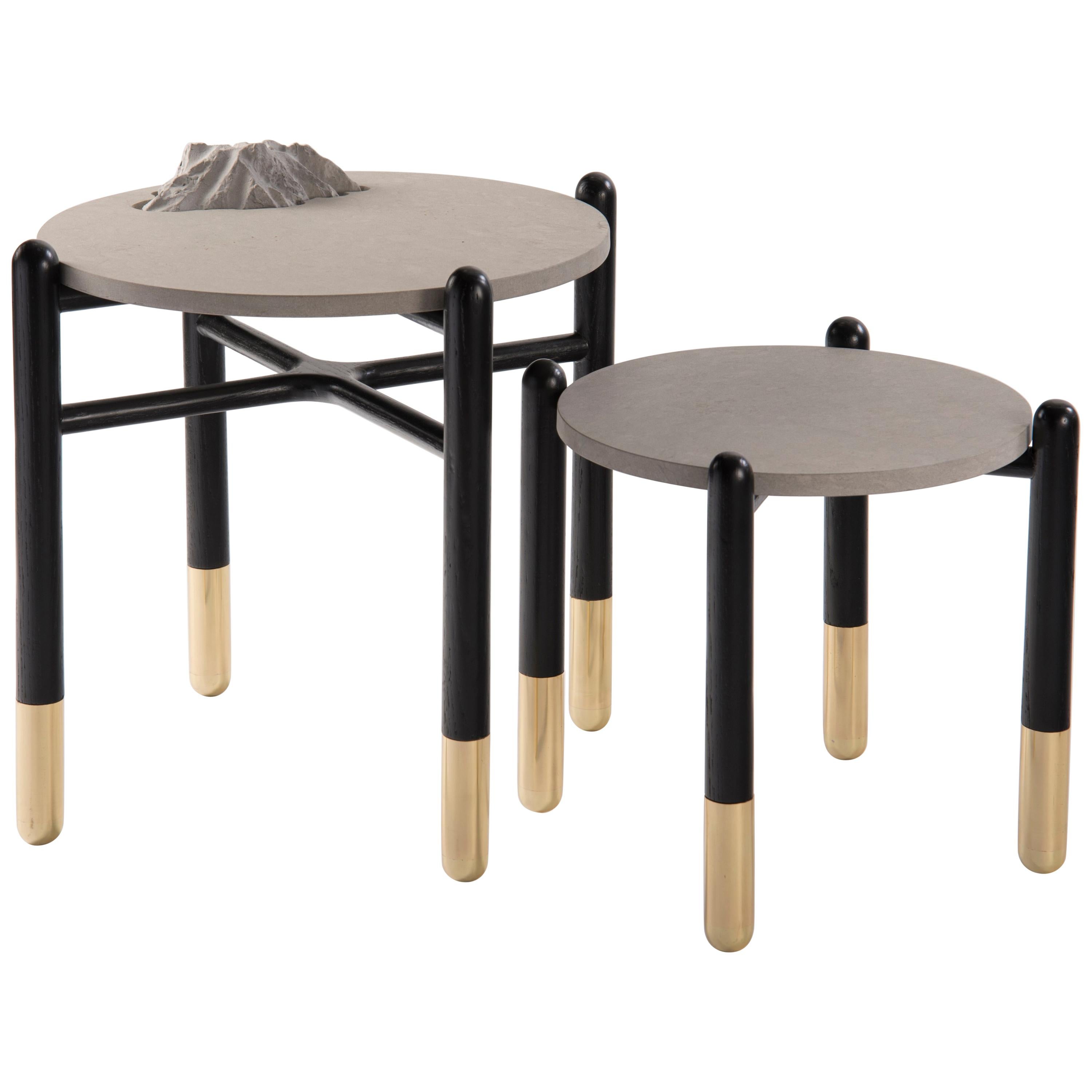 Isla Side Tables, set of 2, Stone and Black Oak Wood For Sale