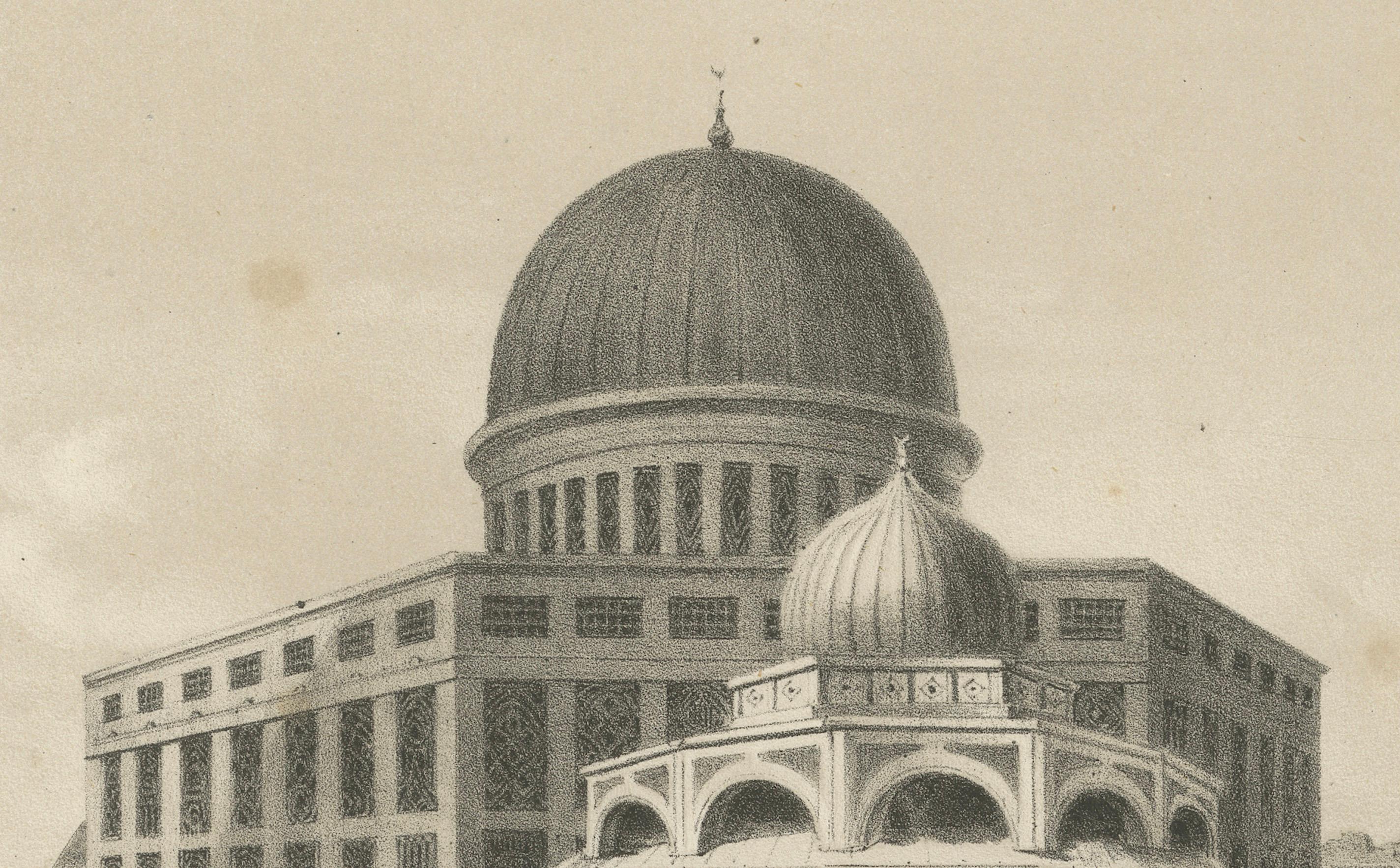 **Title:**
Islamic Architecture Print Mosque of Omar Jerusalem, 1863 Dutch Lithograph

**Description:**
This refined 19th-century lithograph titled “De Moskee van Omar te Jeruzalem” (The Mosque of Omar in Jerusalem) offers a European interpretation