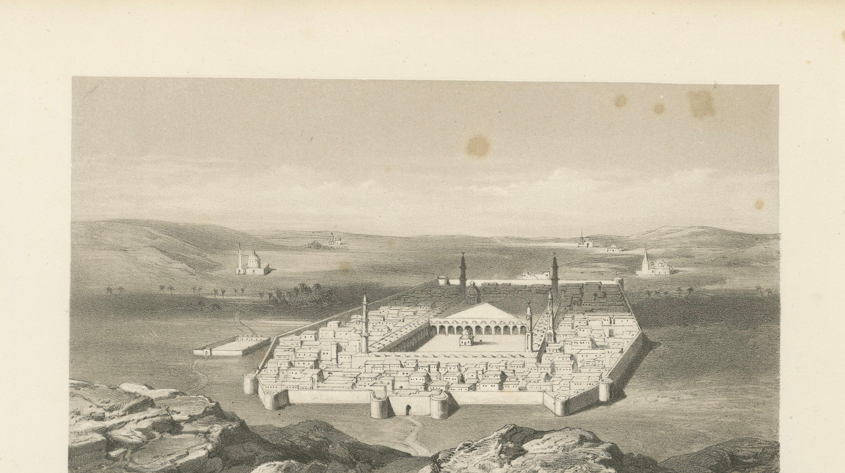 Vue de la ville islamique de Médine et de la mosquée du prophète, 1863 Lithographie hollandaise

Cette lithographie magnifiquement détaillée intitulée 