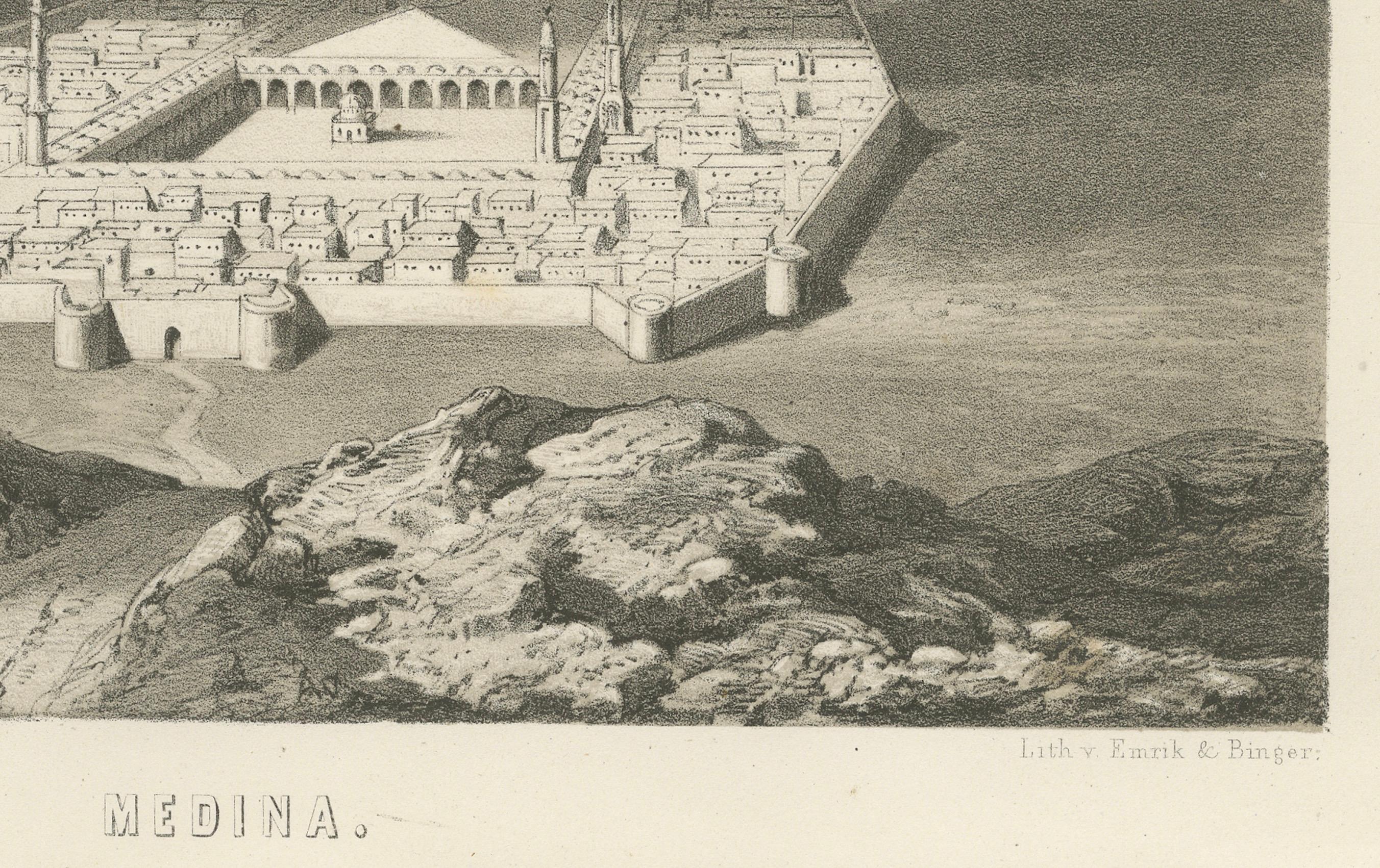 Gravé Vue de la ville islamique de Médine et de la mosquée du prophète, 1863 Lithographie hollandaise en vente