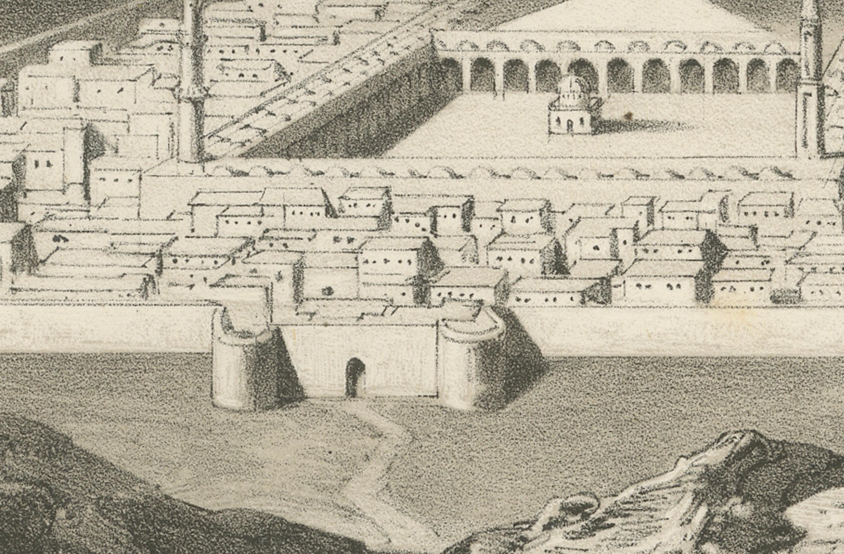 Vue de la ville islamique de Médine et de la mosquée du prophète, 1863 Lithographie hollandaise Bon état - En vente à Langweer, NL