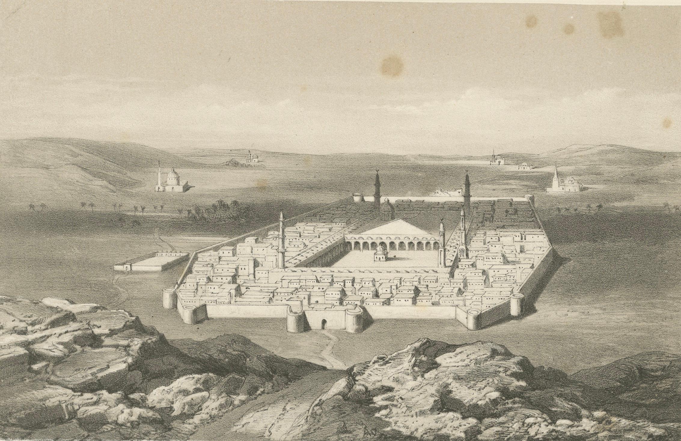 Papier Vue de la ville islamique de Médine et de la mosquée du prophète, 1863 Lithographie hollandaise en vente