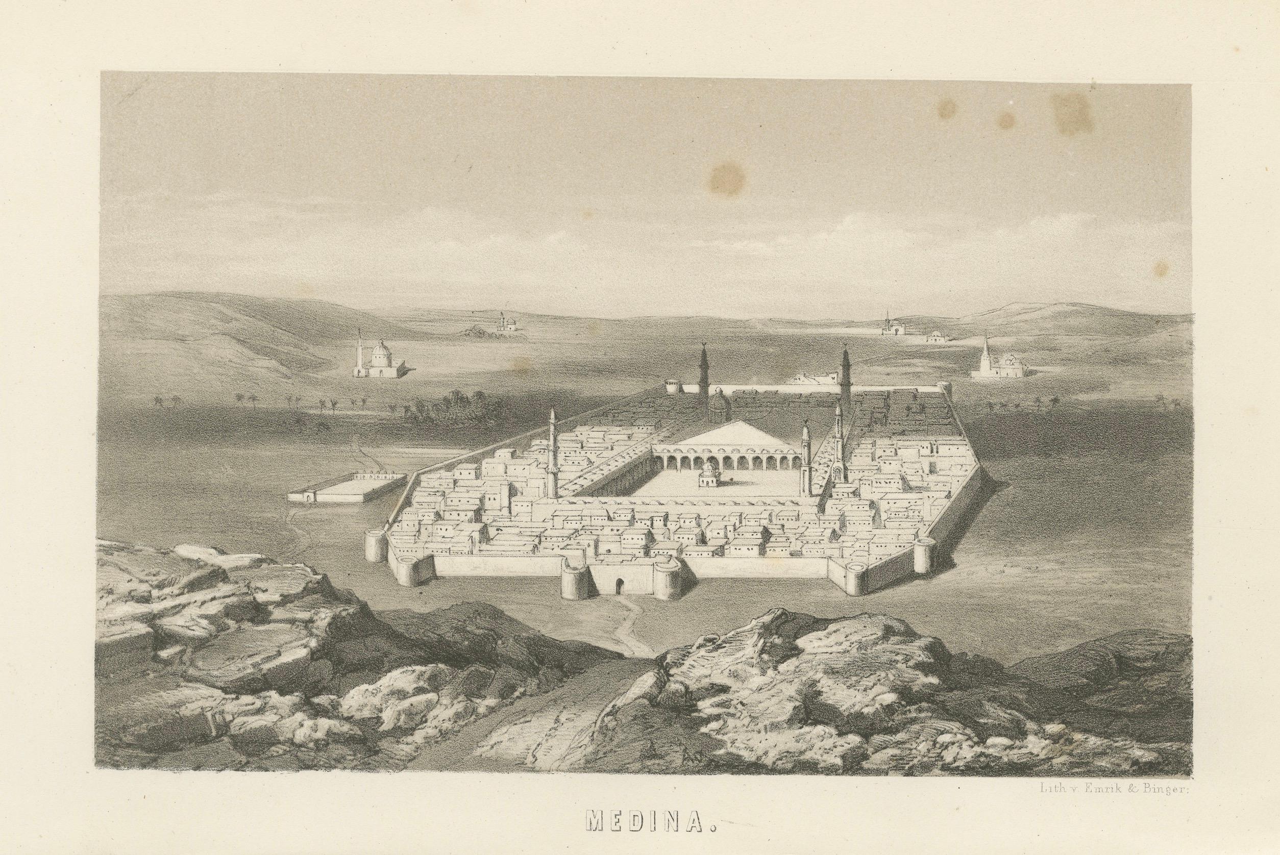 Vue de la ville islamique de Médine et de la mosquée du prophète, 1863 Lithographie hollandaise en vente 1
