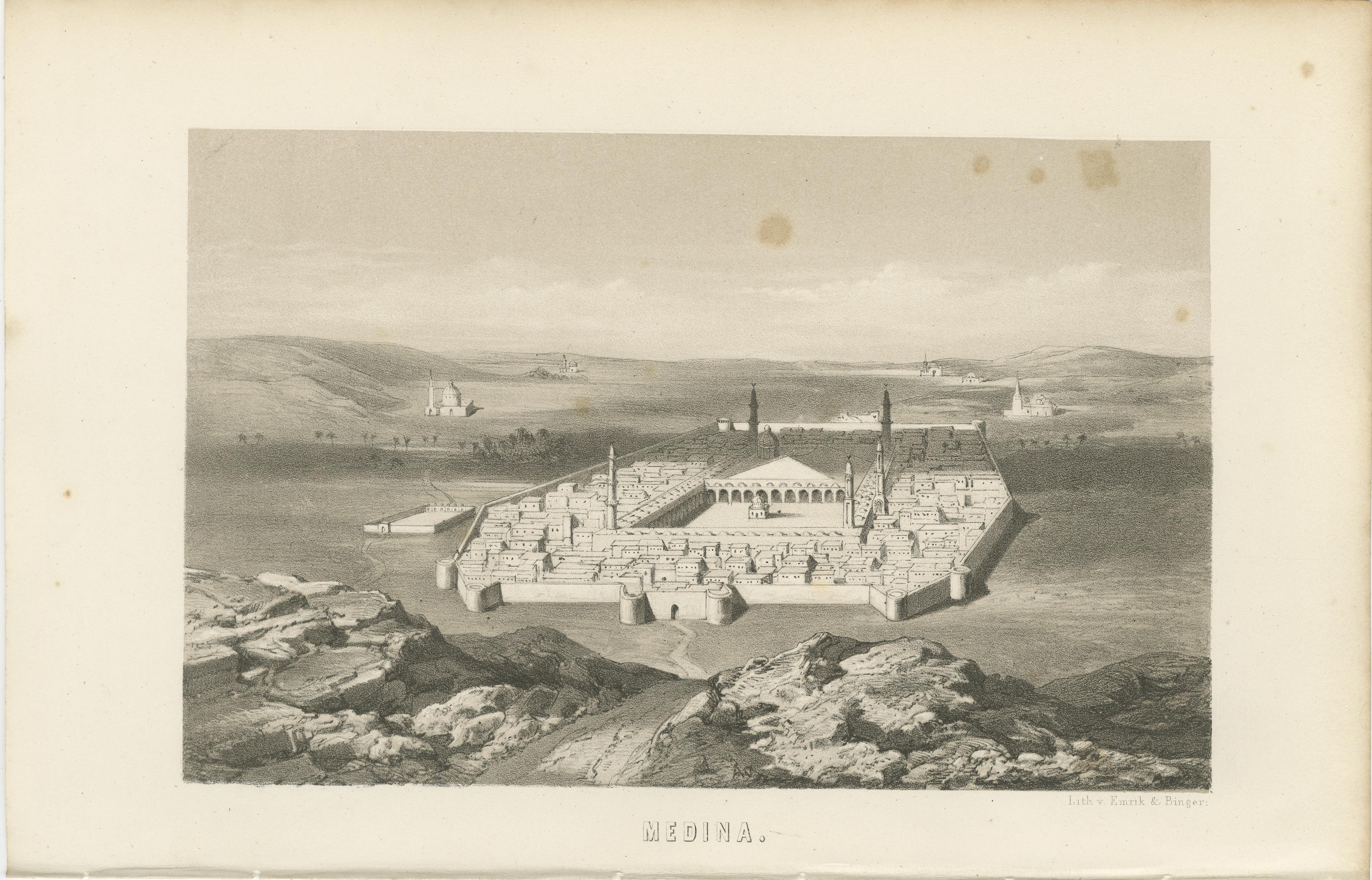Vue de la ville islamique de Médine et de la mosquée du prophète, 1863 Lithographie hollandaise en vente 2