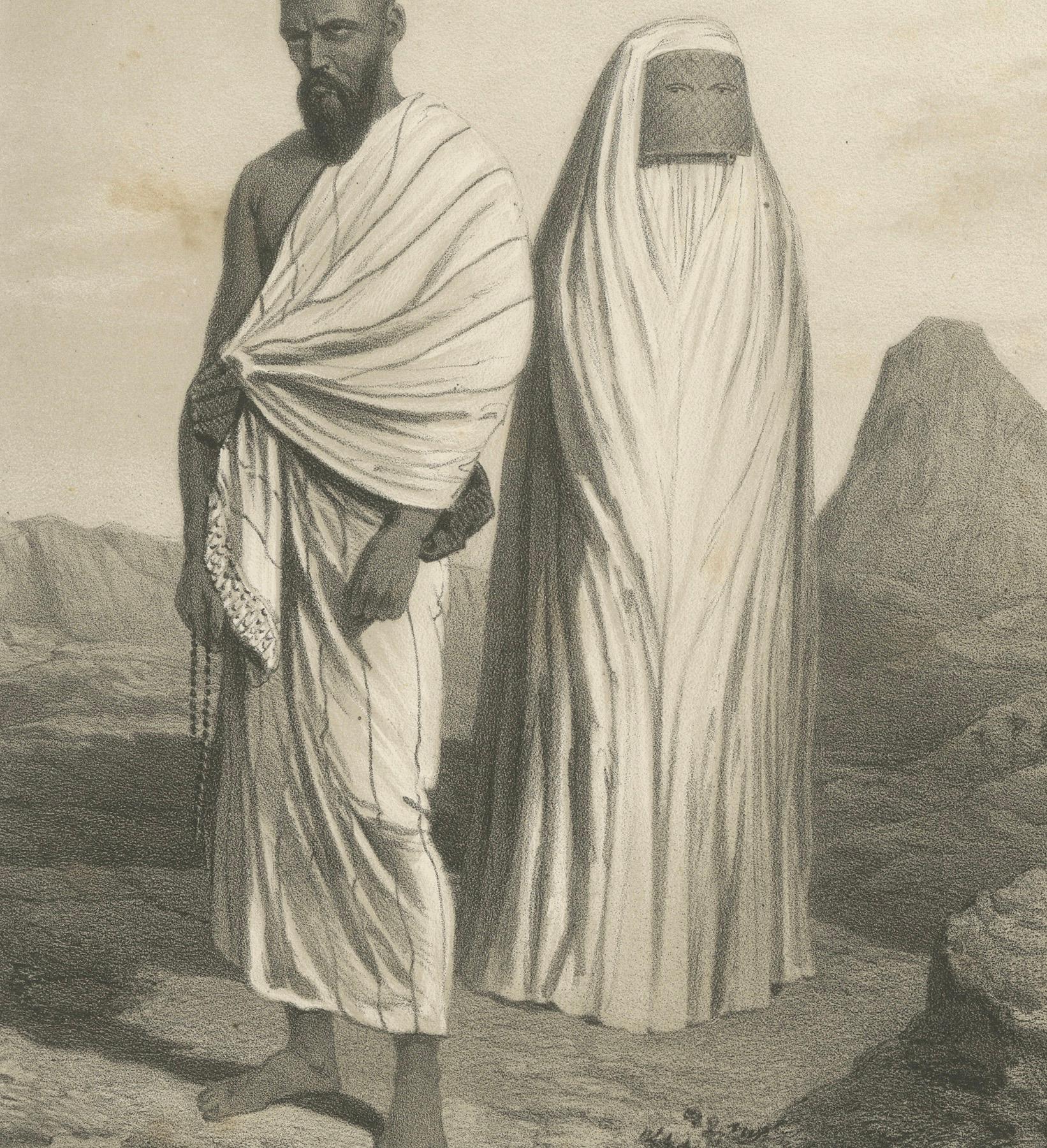 Islamic Costume Print Pilgrim Attire of Mecca, 1863 Dutch Lithograph

This refined 19th-century lithograph titled “Het Pelgrimsgewaad” (The Pilgrim Attire) offers a visually compelling representation of traditional pilgrimage clothing worn by