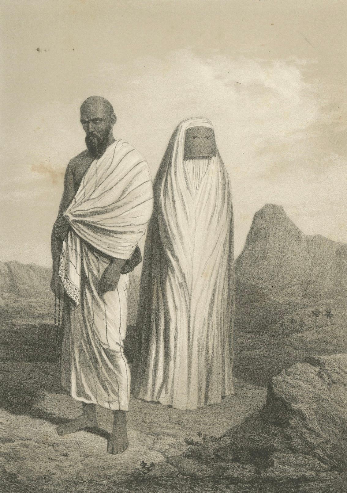 Islamic Costume Print Pilgrim Attire of Mecca, 1863 Dutch Lithograph Mediados del siglo XIX en venta