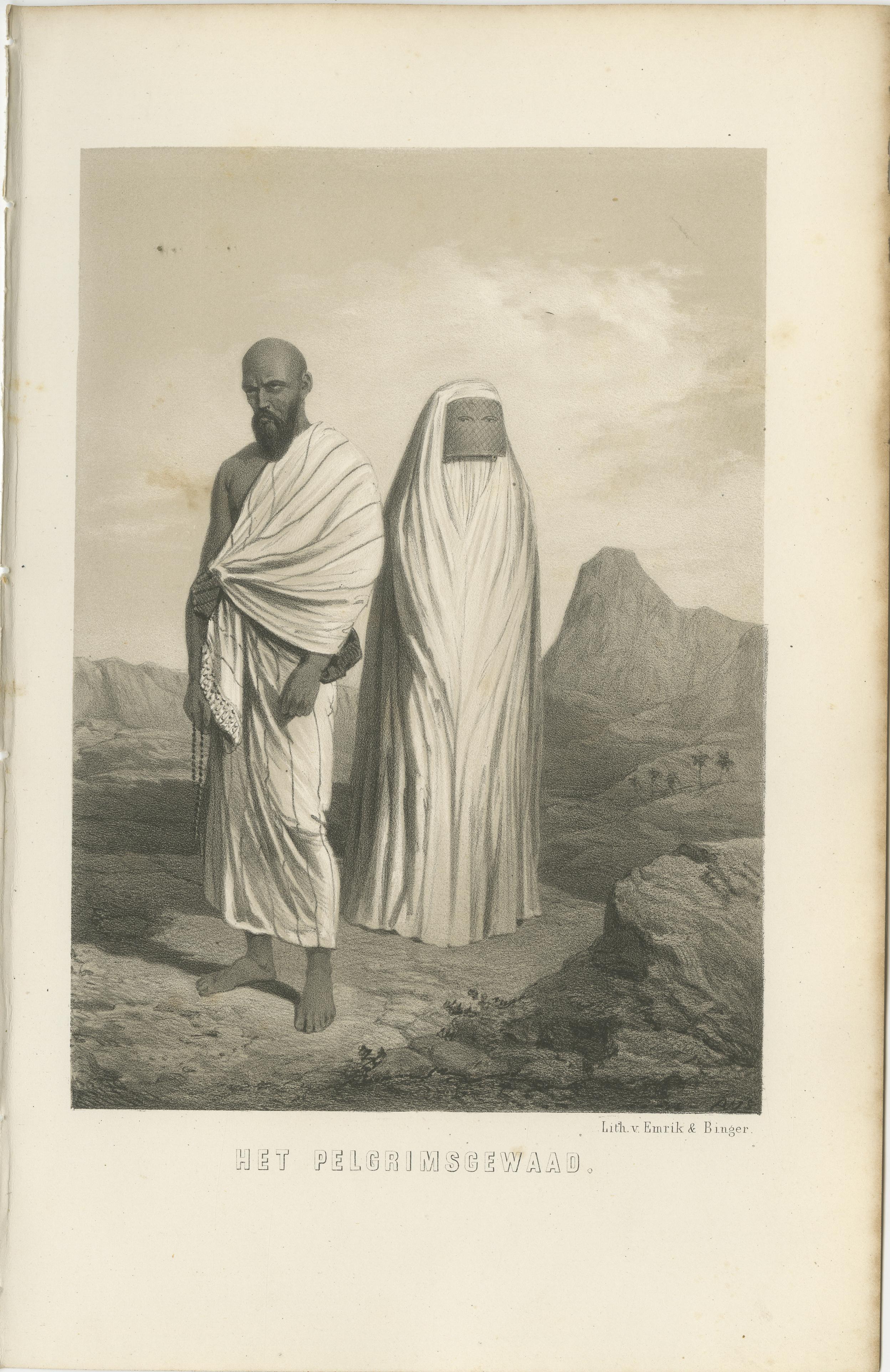 Islamic Costume Print Pilgrim Attire of Mecca, 1863 Dutch Lithograph en venta 1