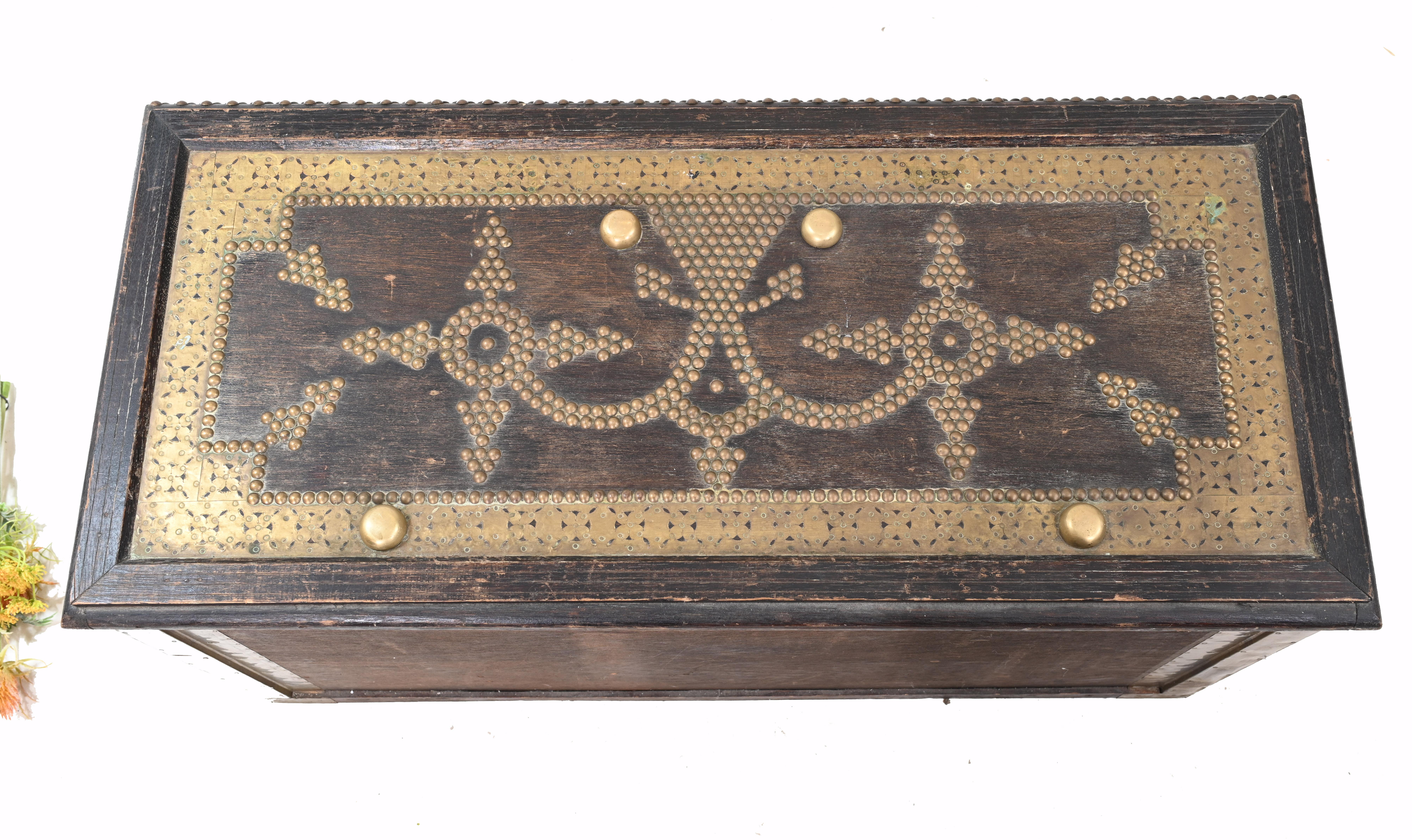 Islamic Dowry Chest Storage Antique Box Brass Inlay Arab Interiors, 1820 4