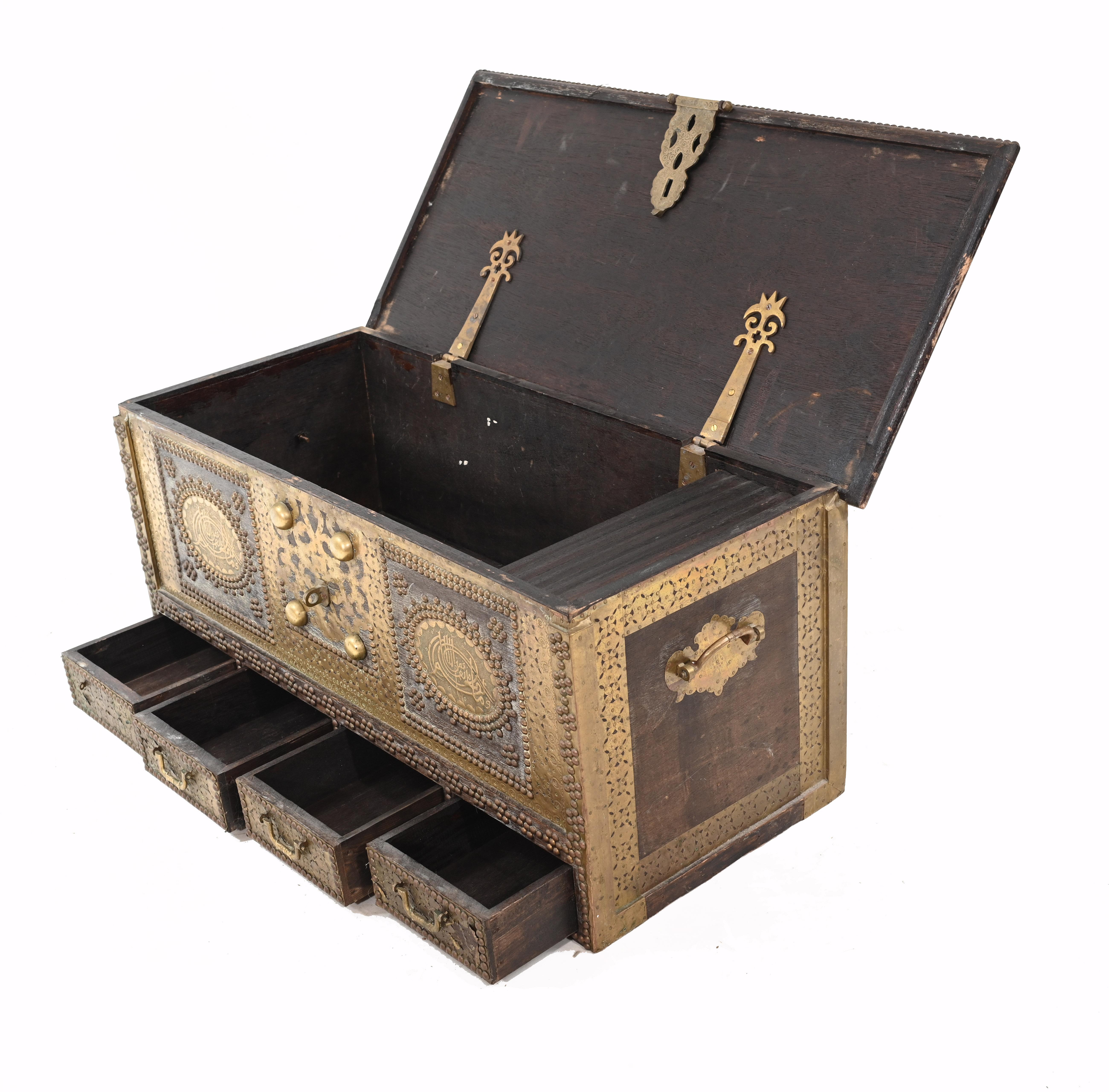 Islamic Dowry Chest Storage Antique Box Brass Inlay Arab Interiors, 1820 In Good Condition In Potters Bar, GB