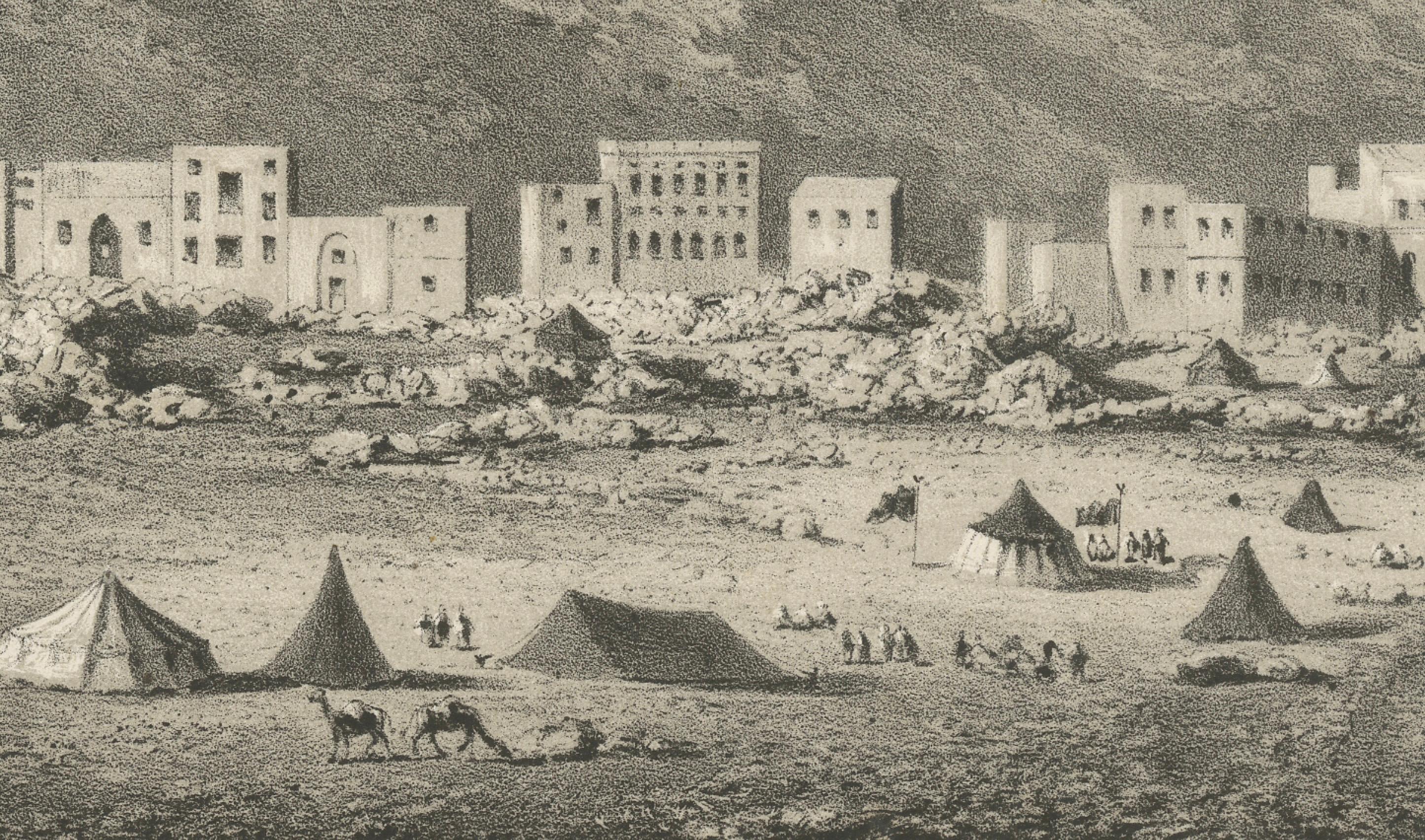 Islamic Landscape Print Mina Valley Near Mecca, 1863 Dutch Lithograph

This finely rendered 19th-century lithograph titled “Minâ” depicts the valley of Mina, located just east of Mecca, one of the key sites of the Islamic pilgrimage (Hajj). The