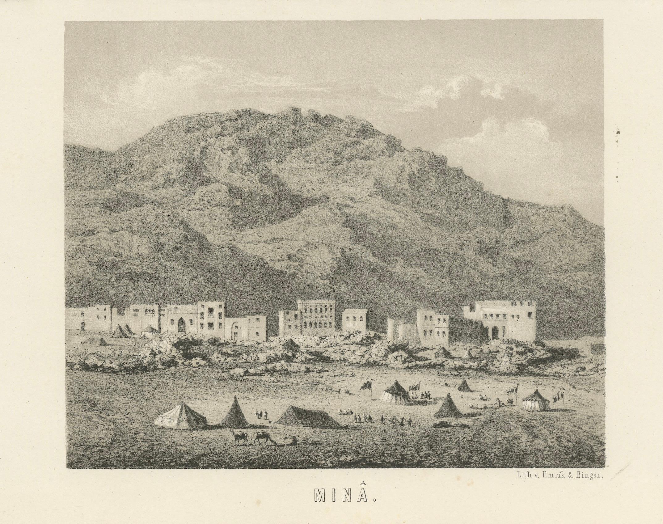 Islamic Landscape Print Mina Valley Near Mecca, 1863 Dutch Lithograph Mediados del siglo XIX en venta
