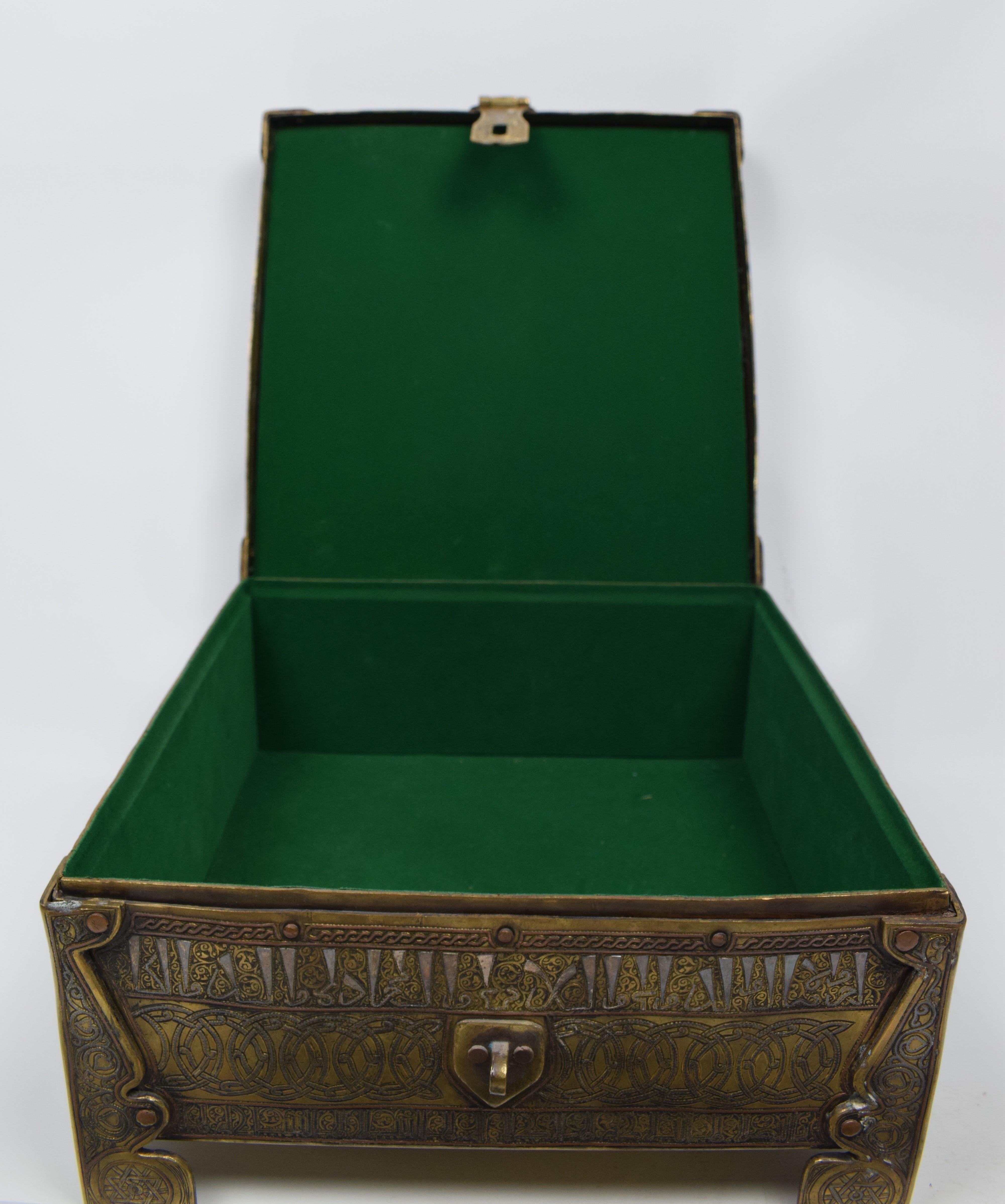19th Century Islamic Middle Eastern Brass with Silver Inlaid Calligraphy Box For Sale