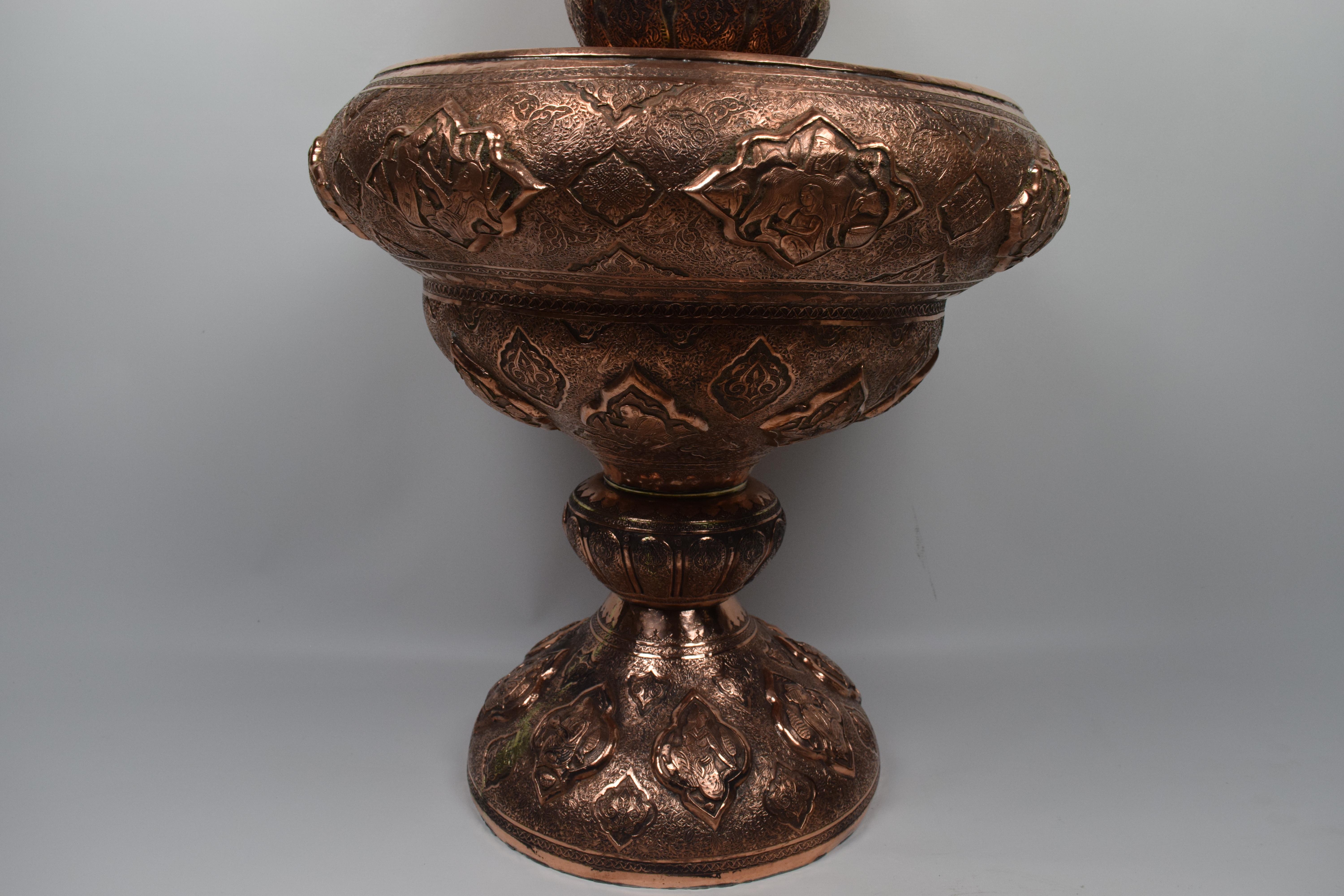 Engraved Islamic Persian Copper Fruit Platter, Late 19th Century.  For Sale